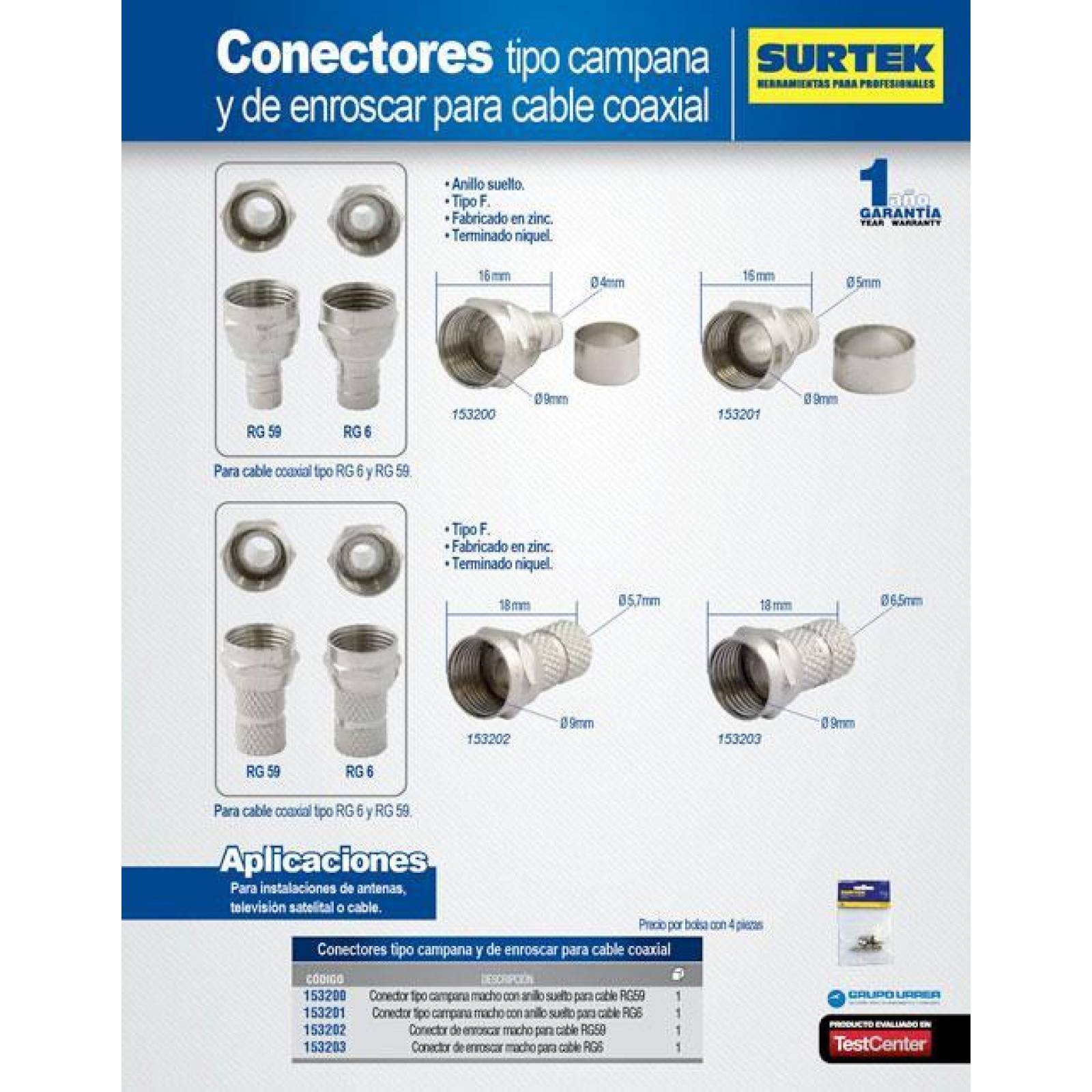 Conector tipo campana para cable coaxial RG6 Surtek 153201 