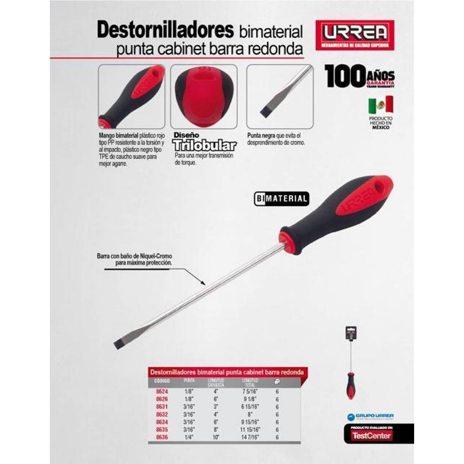 Destornillador bim barra redonda punta cabinet 1/8x4" Urrea 8624 