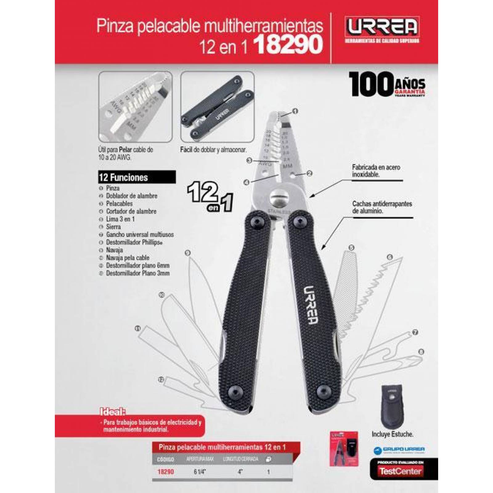 Pinza pela cable multiherramienta 12 en 1 Urrea 18290 