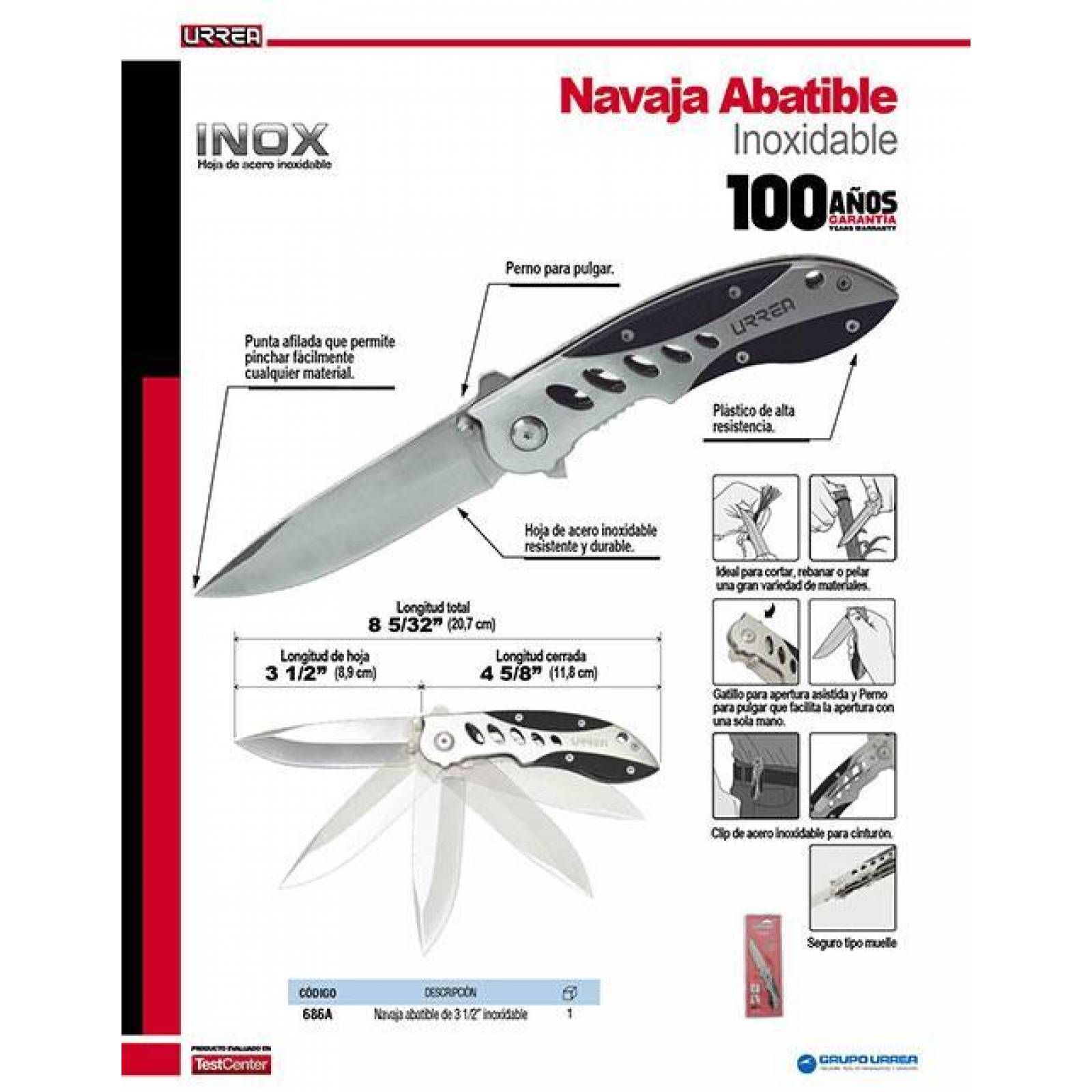 Navaja abatible 1 hoja acero inoxidable Urrea 686A 