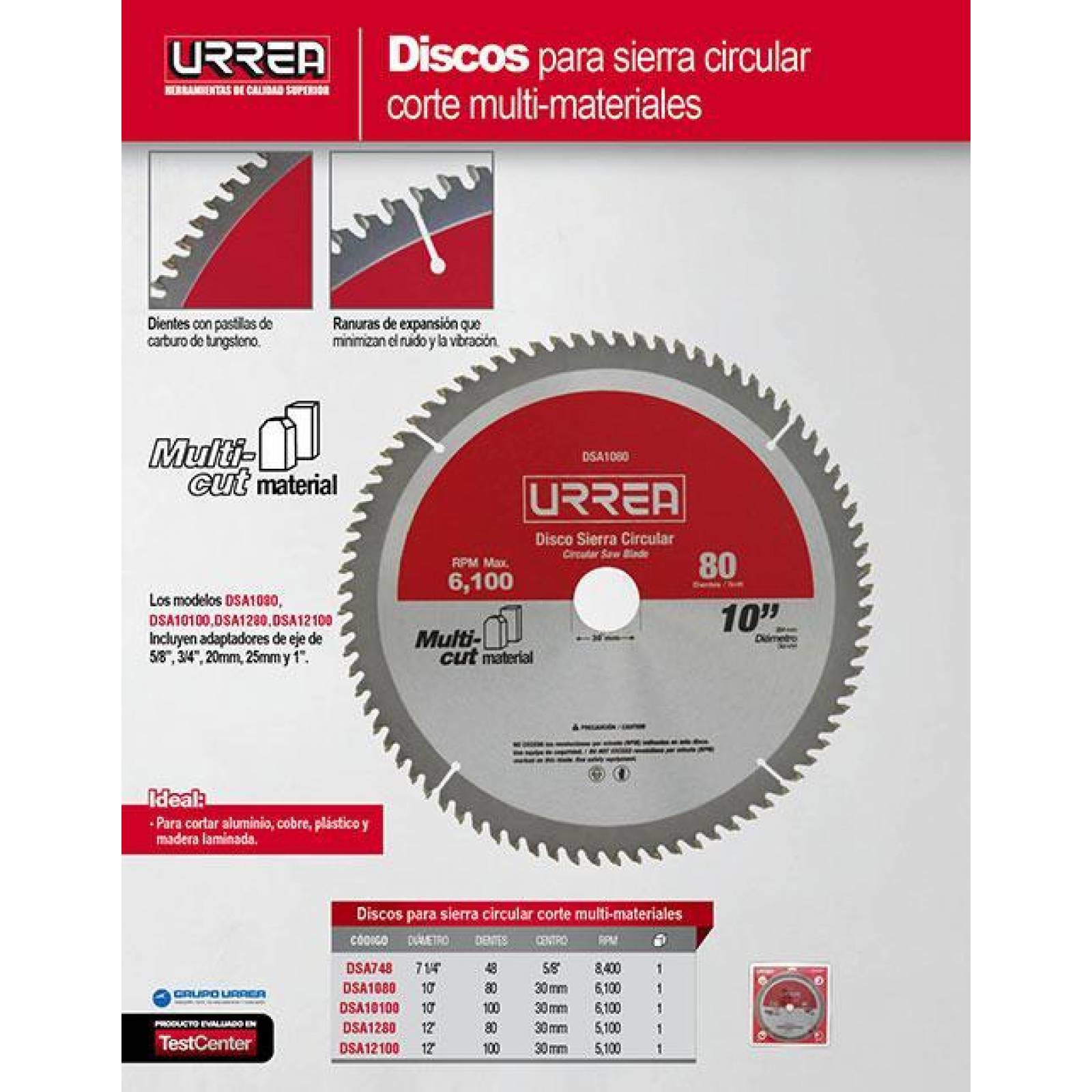Disco sierra circular para aluminio 10" 80 dientes Urrea DSA1080 