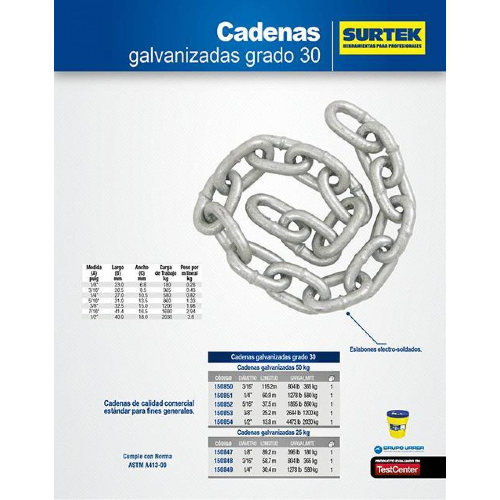 Cadena galvanizada grado 30 50kg 1/2" Surtek 150854 