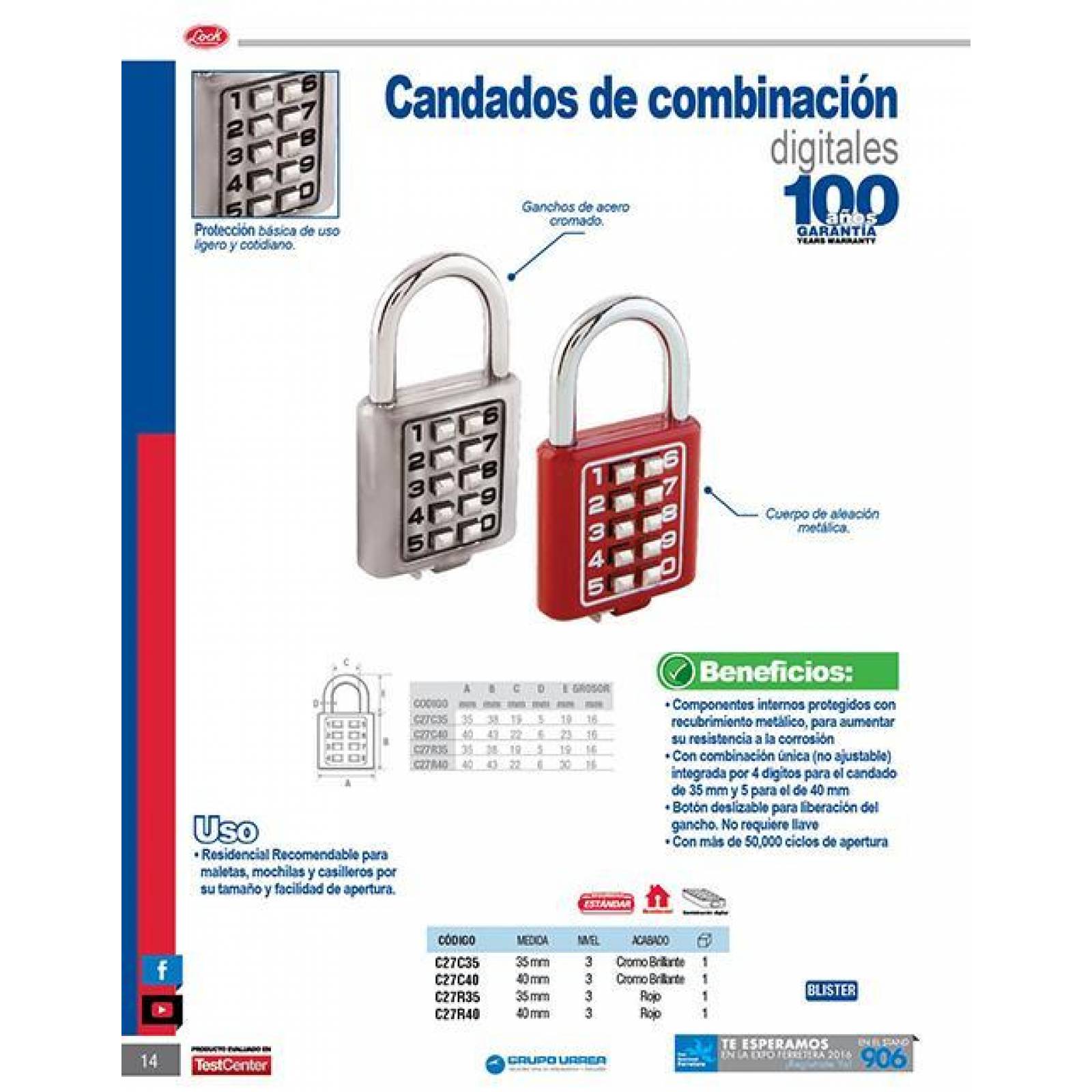 Candado digital corto 35 mm cromo rojo Lock C27R35 