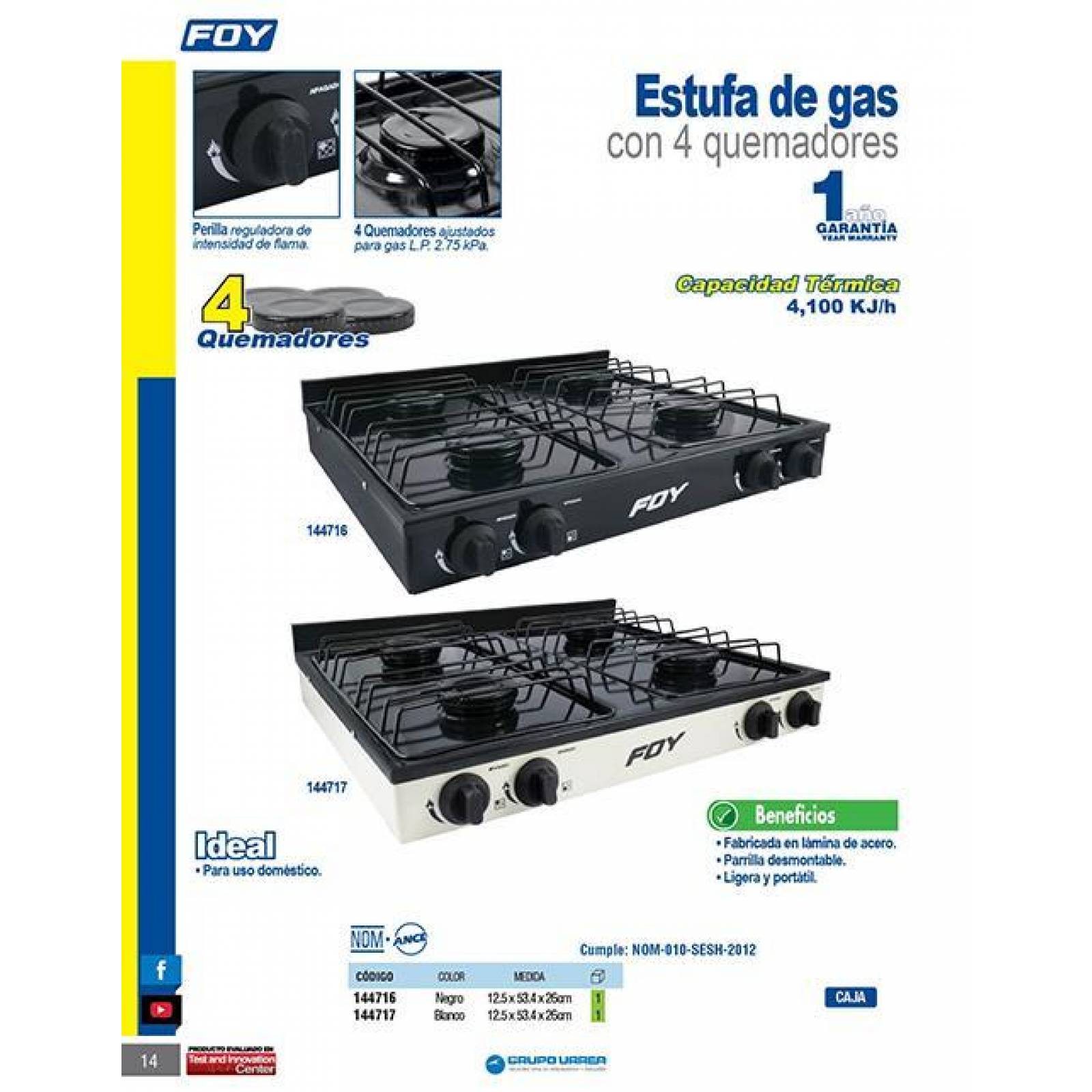 Estufa gas 4 quemadores negro Foy 144716