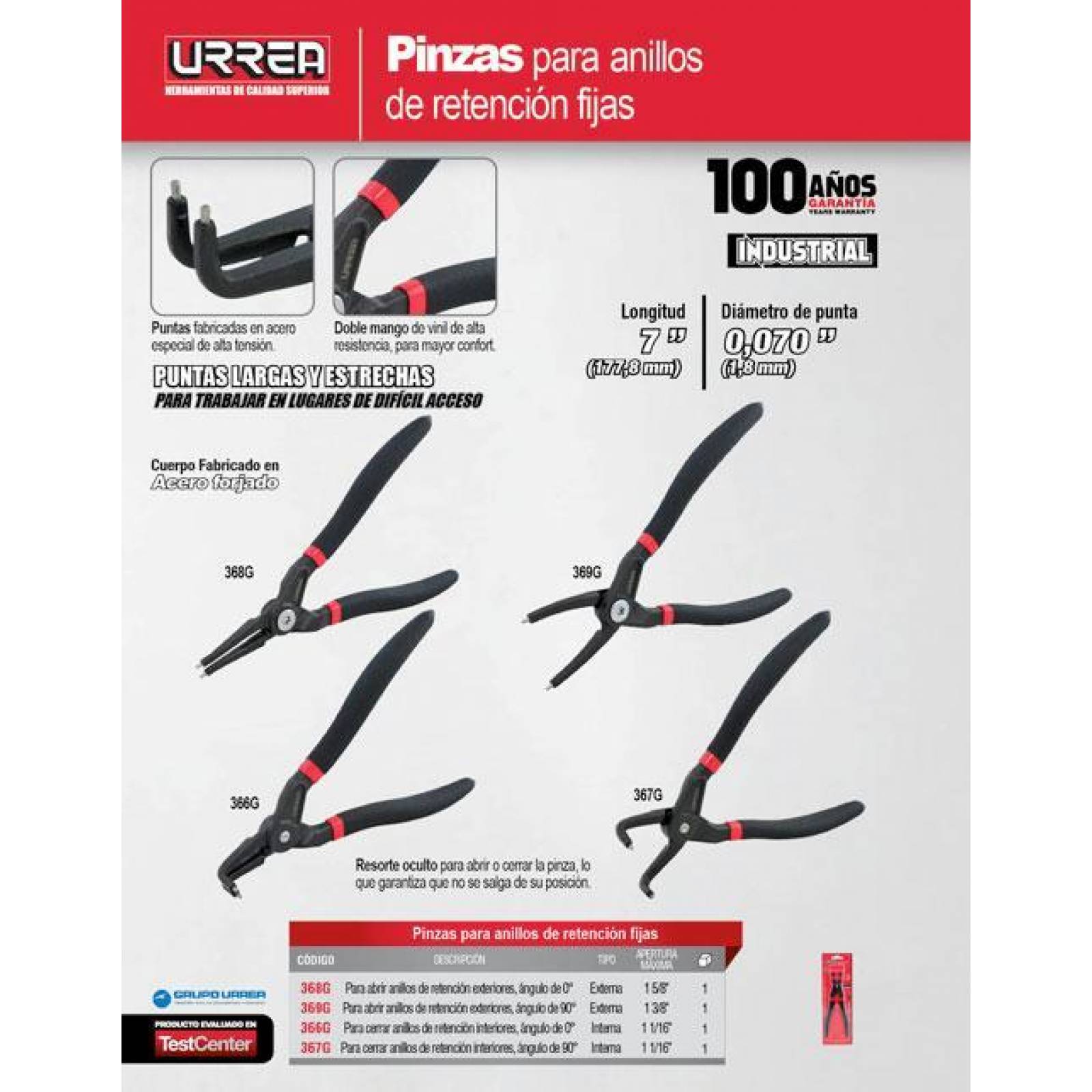Pinza anillos de retención interiores áng 0 Industria Urrea 366G