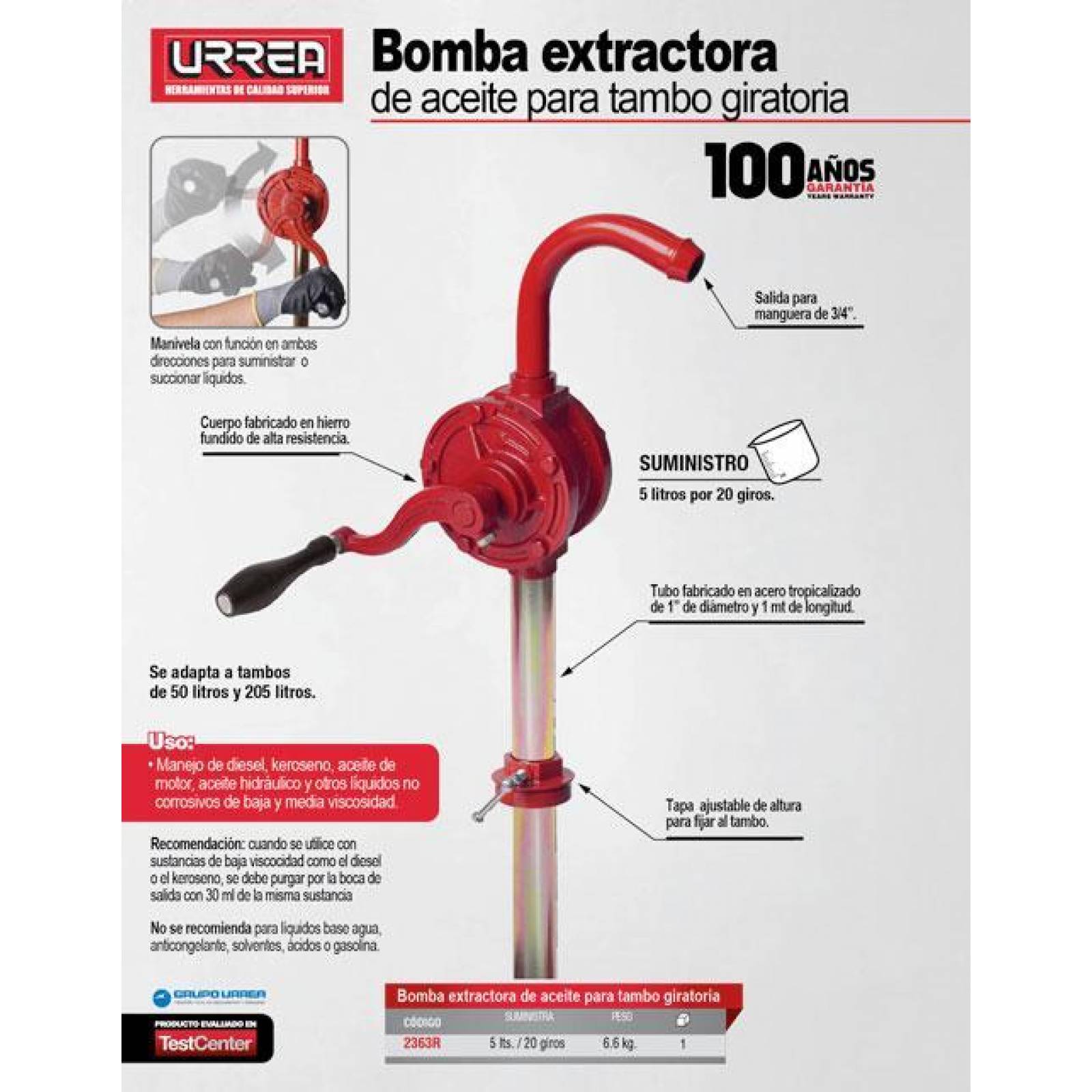 Bomba extractora aceite p/tambo cabeza giratoria 5lts Urrea 2363R