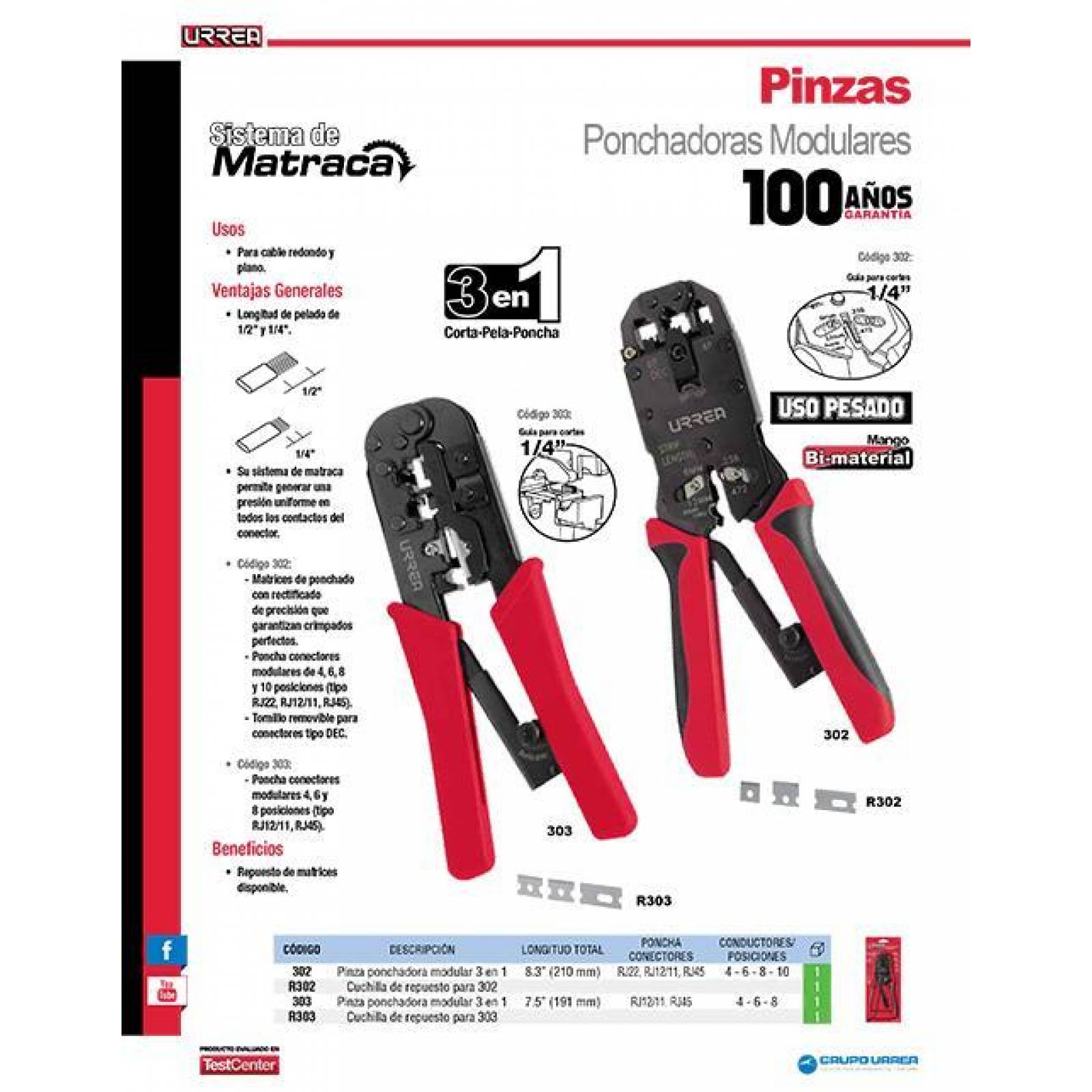 Pinza ponchadora modular para cable UTP/STP, 7" Urrea 303