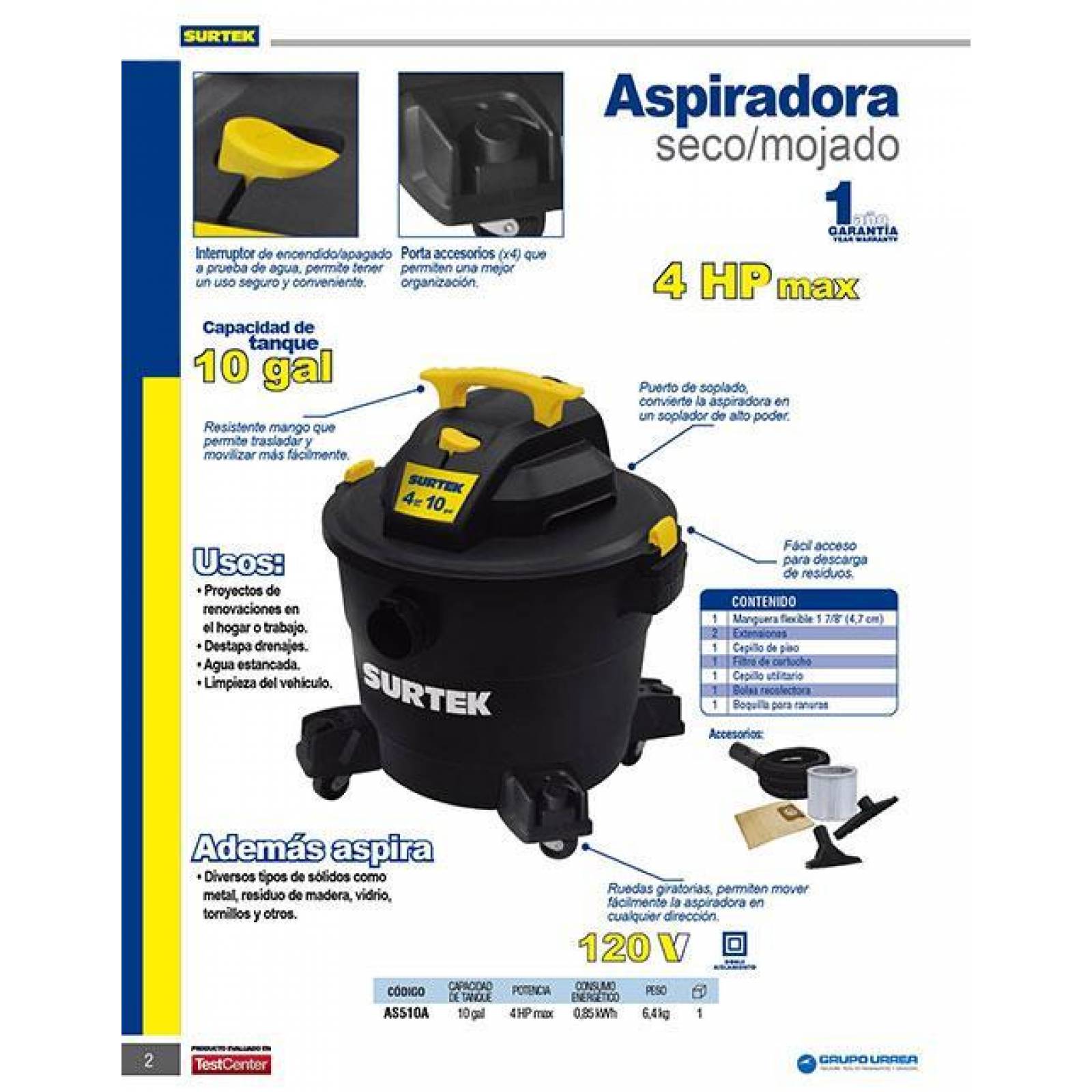 Surtek Aspiradora 10 gal 4HP AS510A