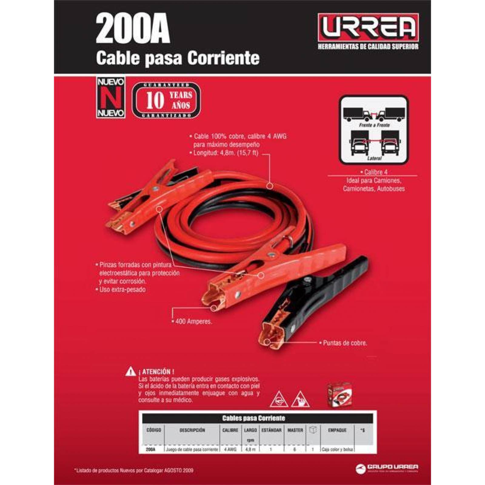 Juego cables para pasar corriente calibre 4 long 15.7' Urrea 200A