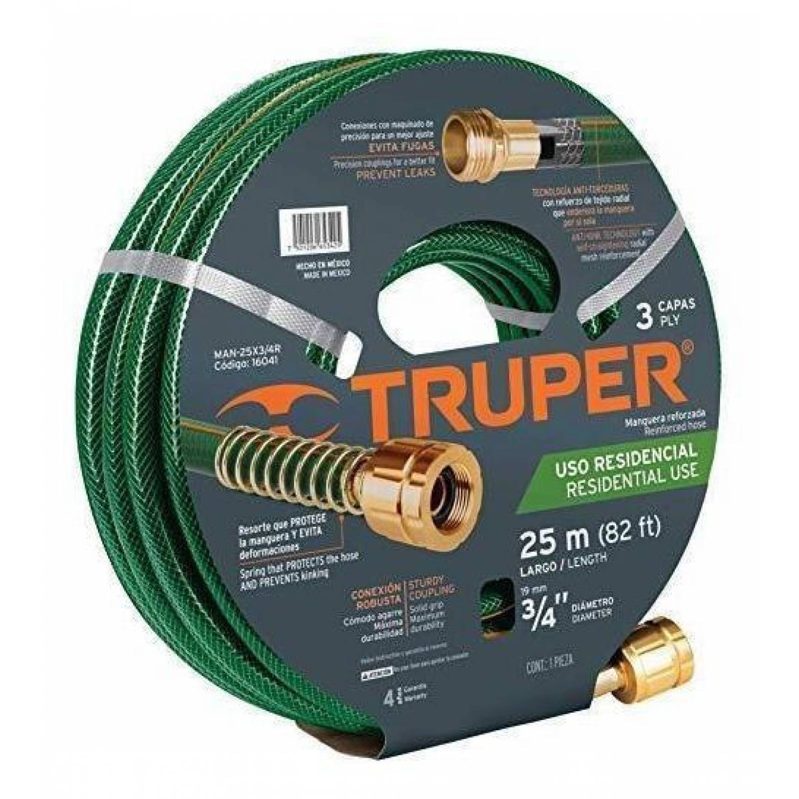 Manguera 3/4', reforzada 3 capas, conexiones de metal, 25 m 16041 