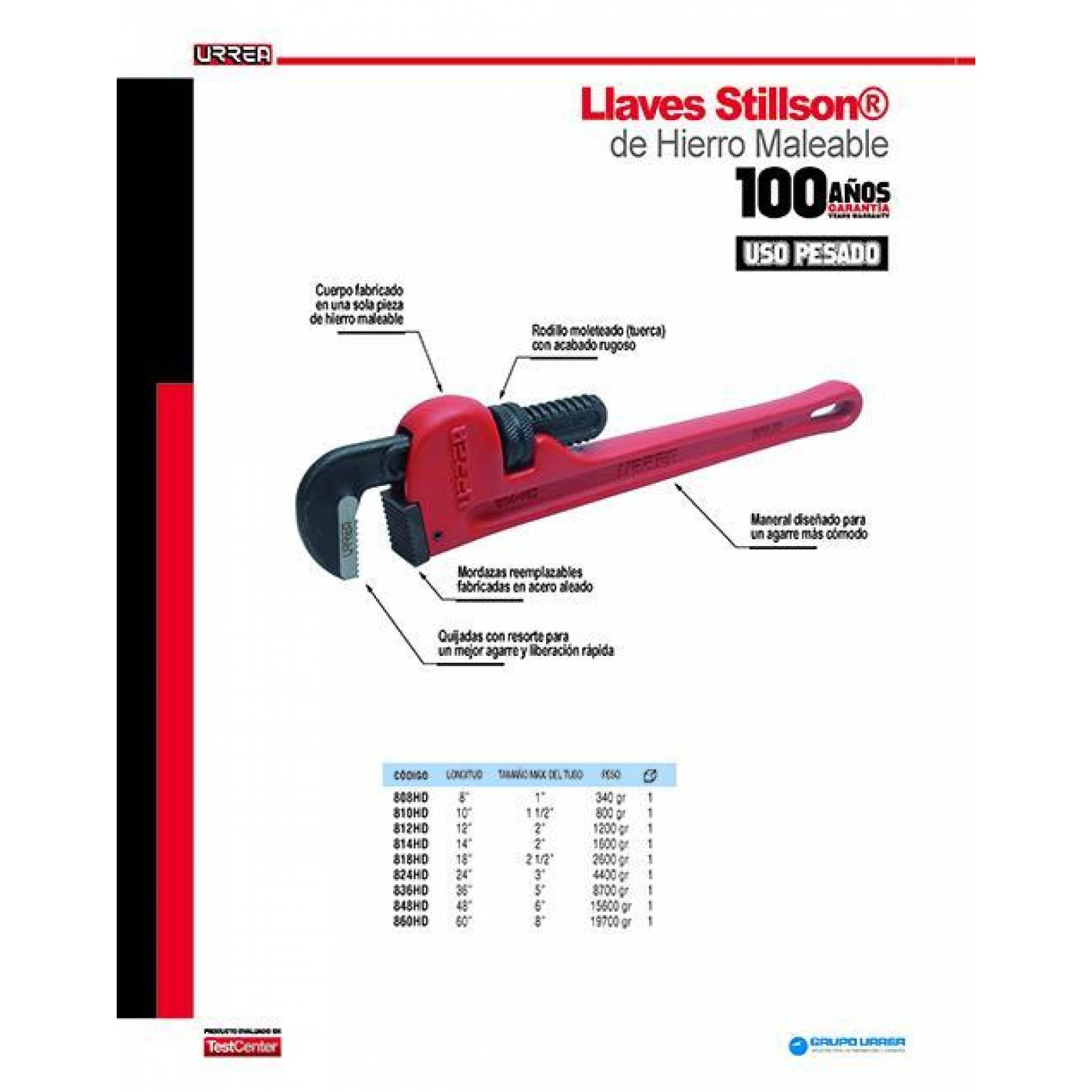 Llave Stillson de hierro maleable 12" uso pesado Urrea 812HD 