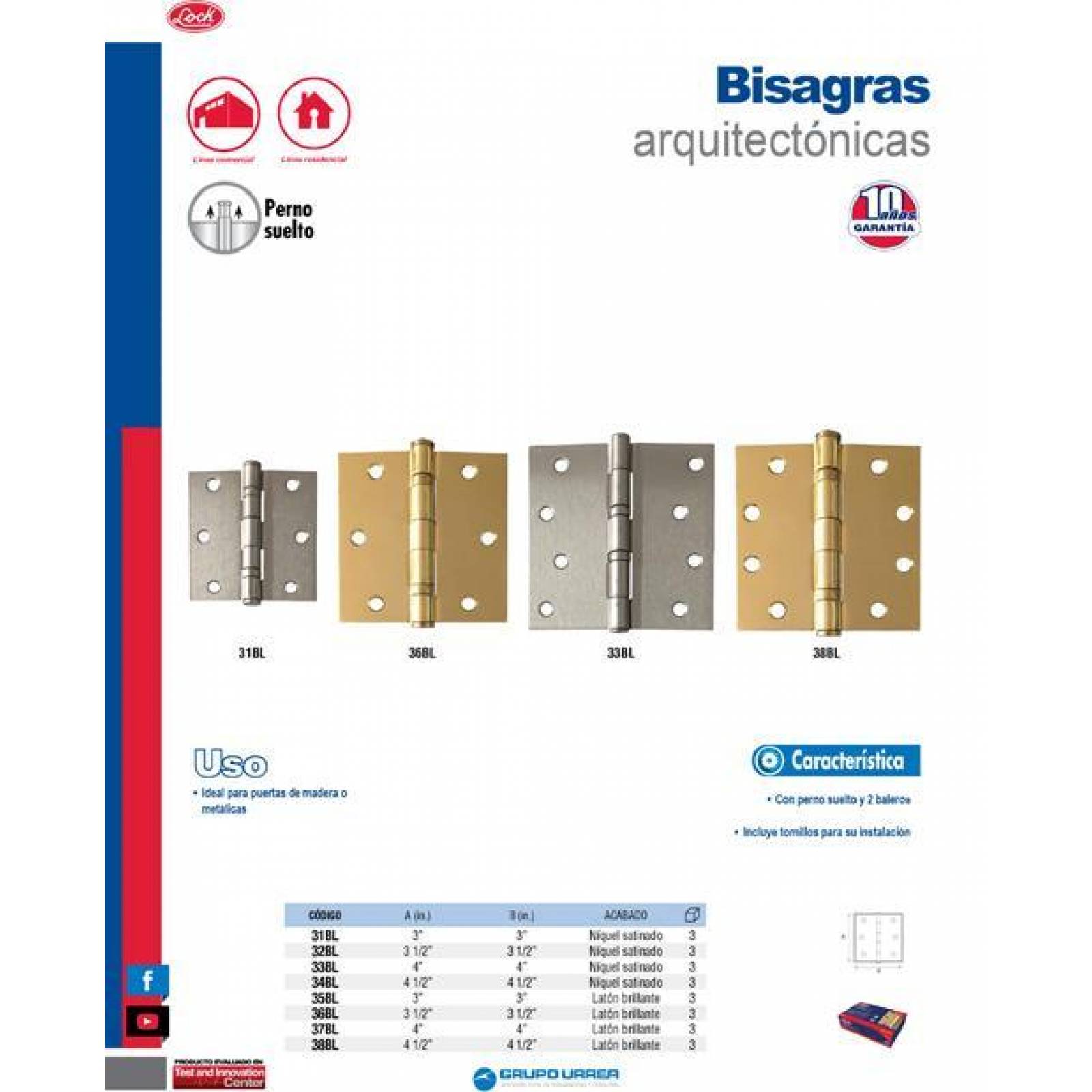 Bisagra arquitectónica balero, latón brillante 3-1/2" Lock 36BL 