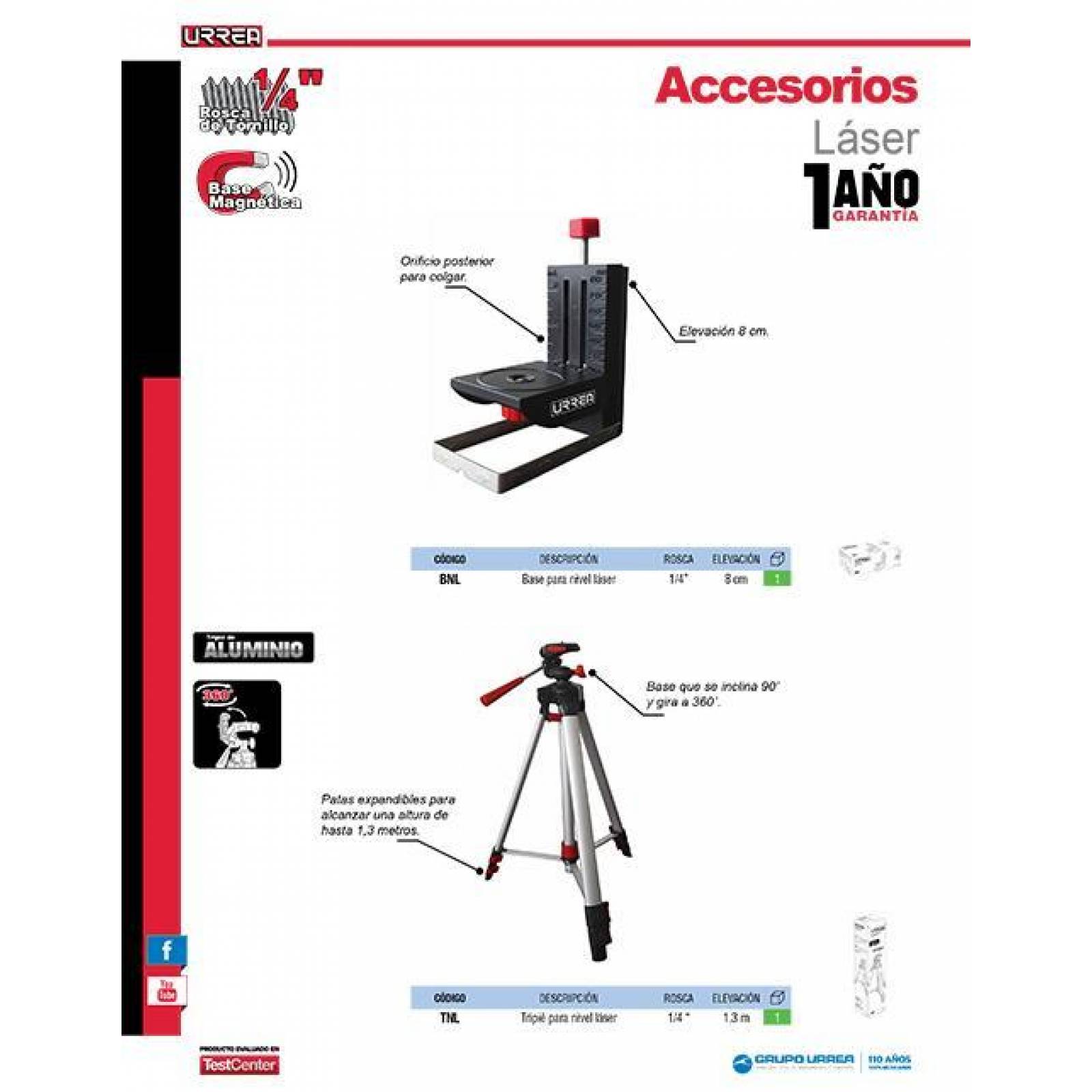 Tripié para nivel láser rosca 1/4", Altura máx 1.3 mt Urrea TNL