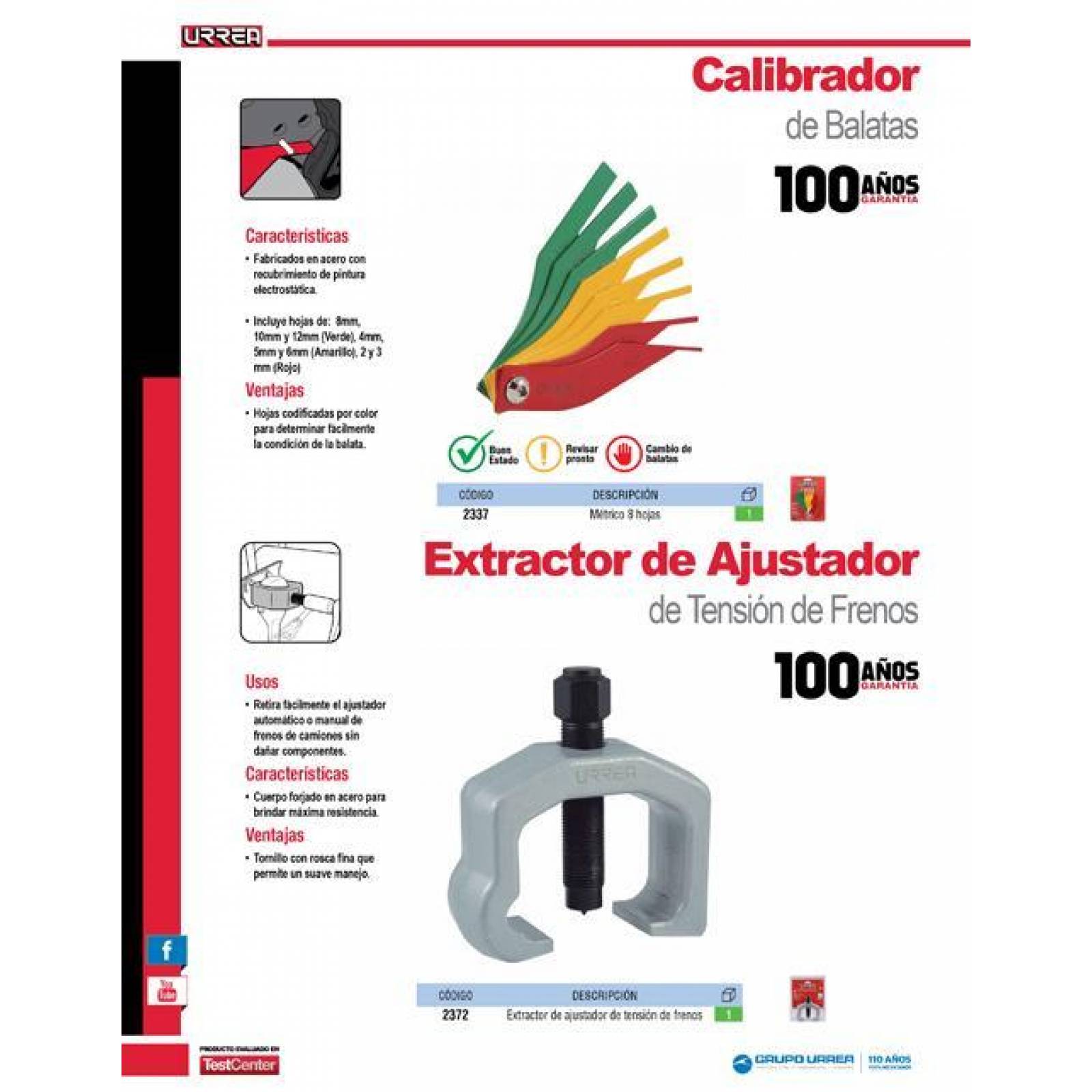Calibrador de balatas métrico de 8 hojas por color Urrea 2337