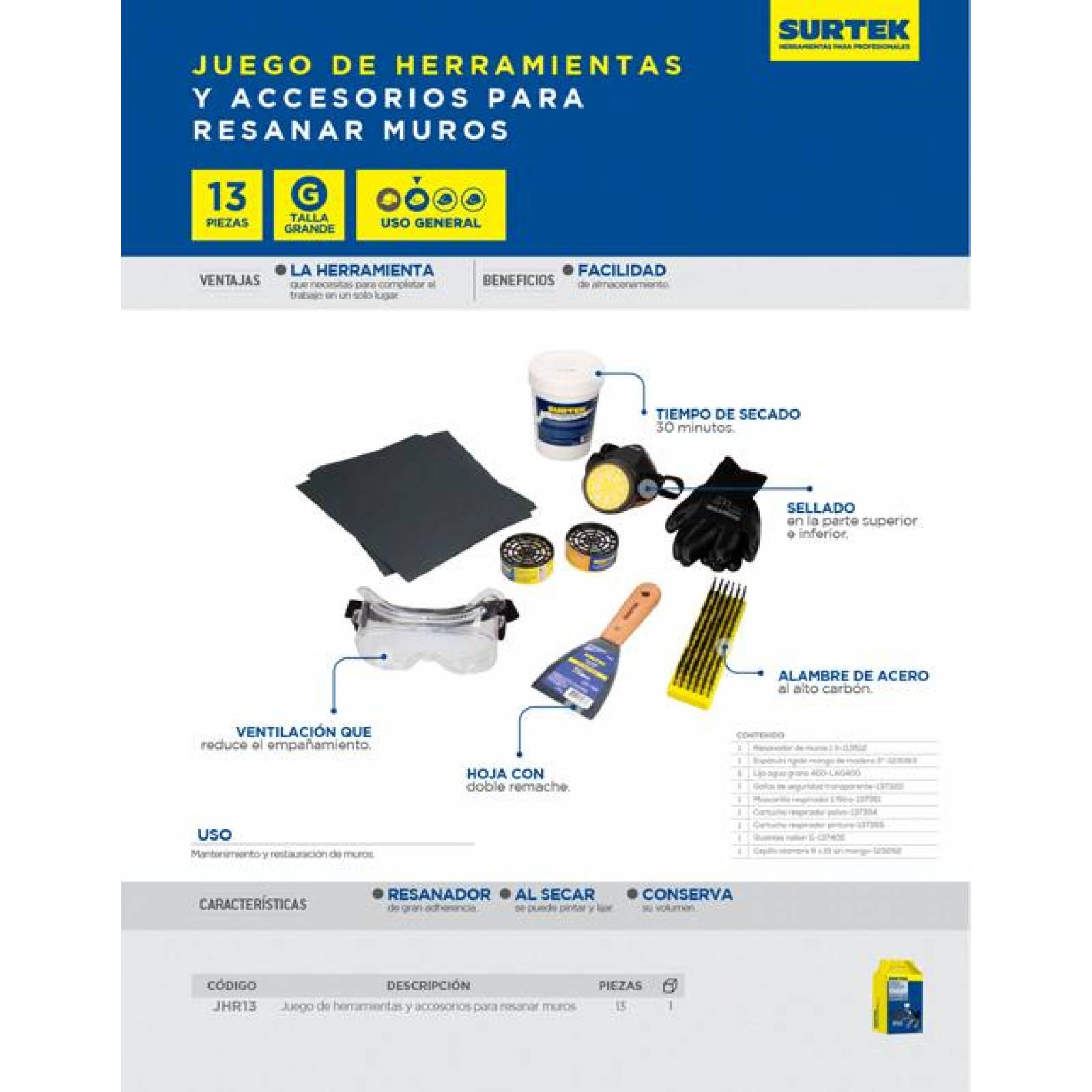 Juego herramientas y accesorios para resanar muros Surtek JHR13 