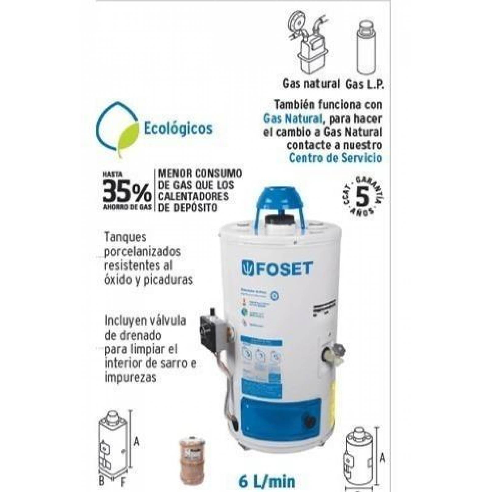 Calentador de paso 6 L 1 servicio gas L.P., Foset 45268 