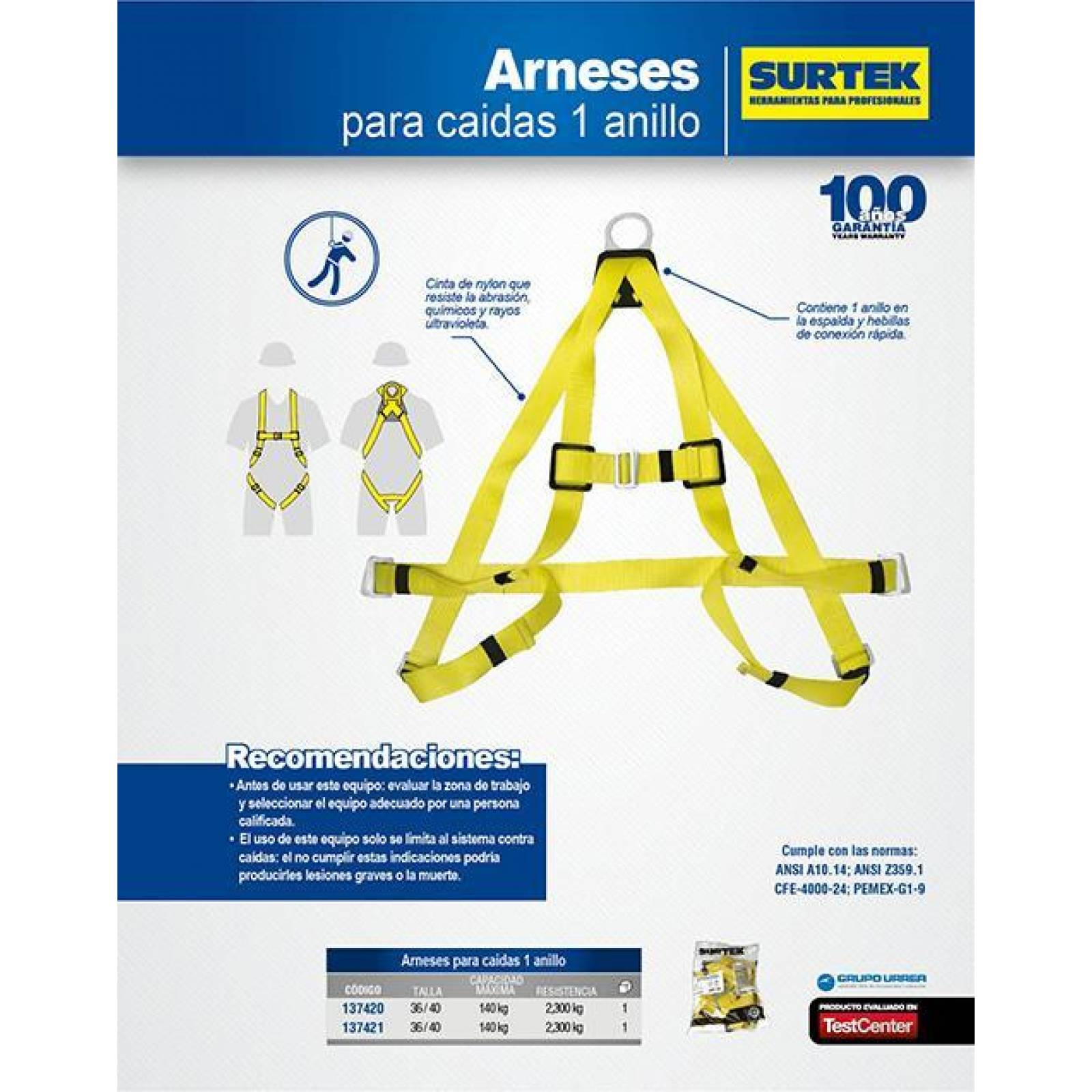 Arnés contra caídas sencillo talla 36-40 Surtek 137420 