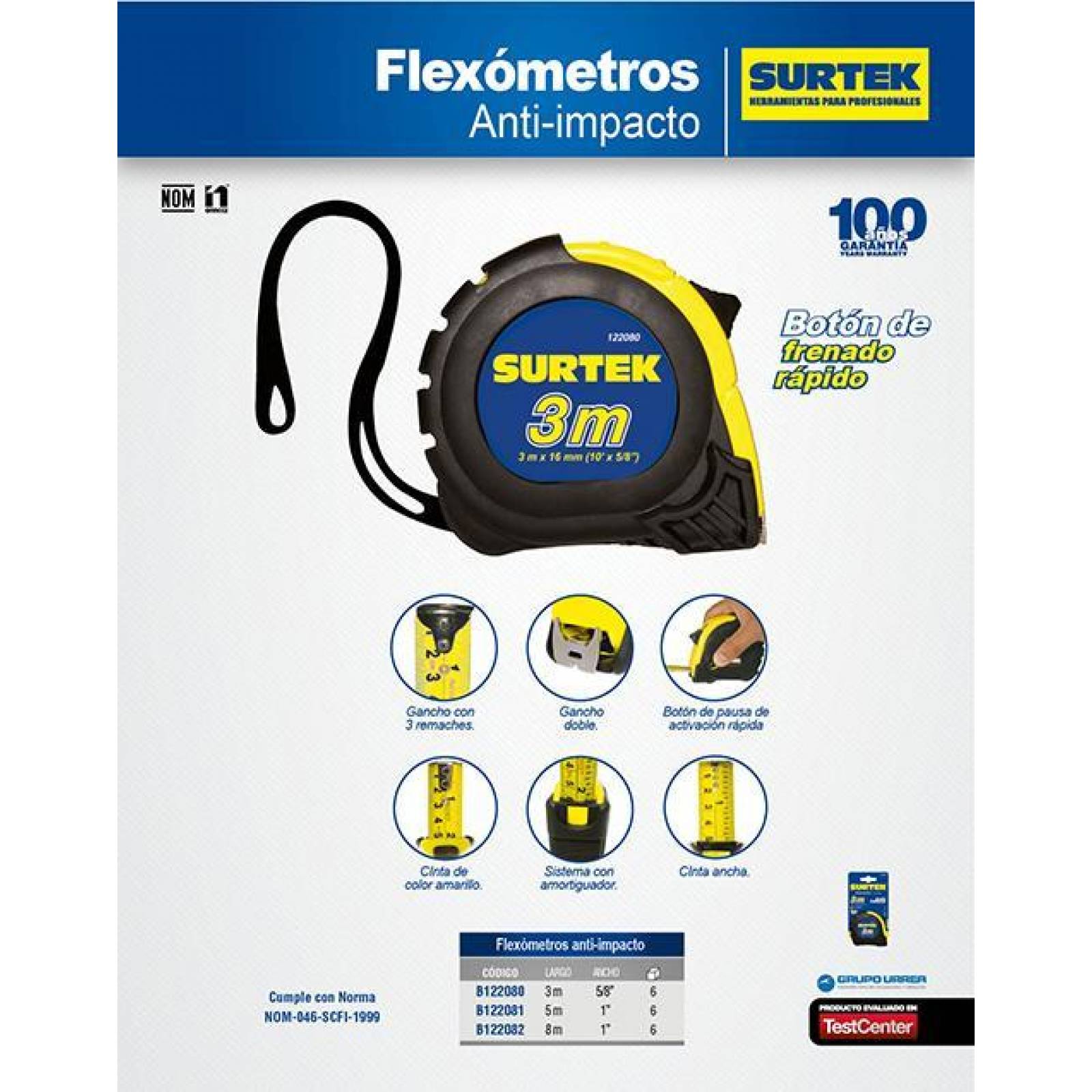 Flexómetro anti-impacto 5m x 1" Surtek B122081