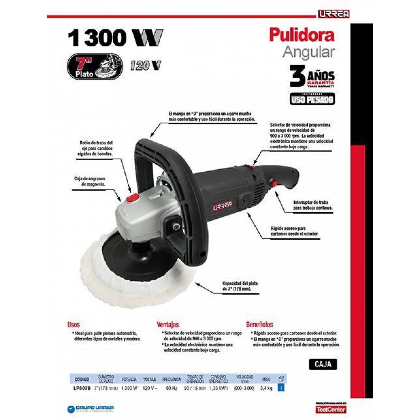 Pulidora angular 7" 1300W Urrea LP807B