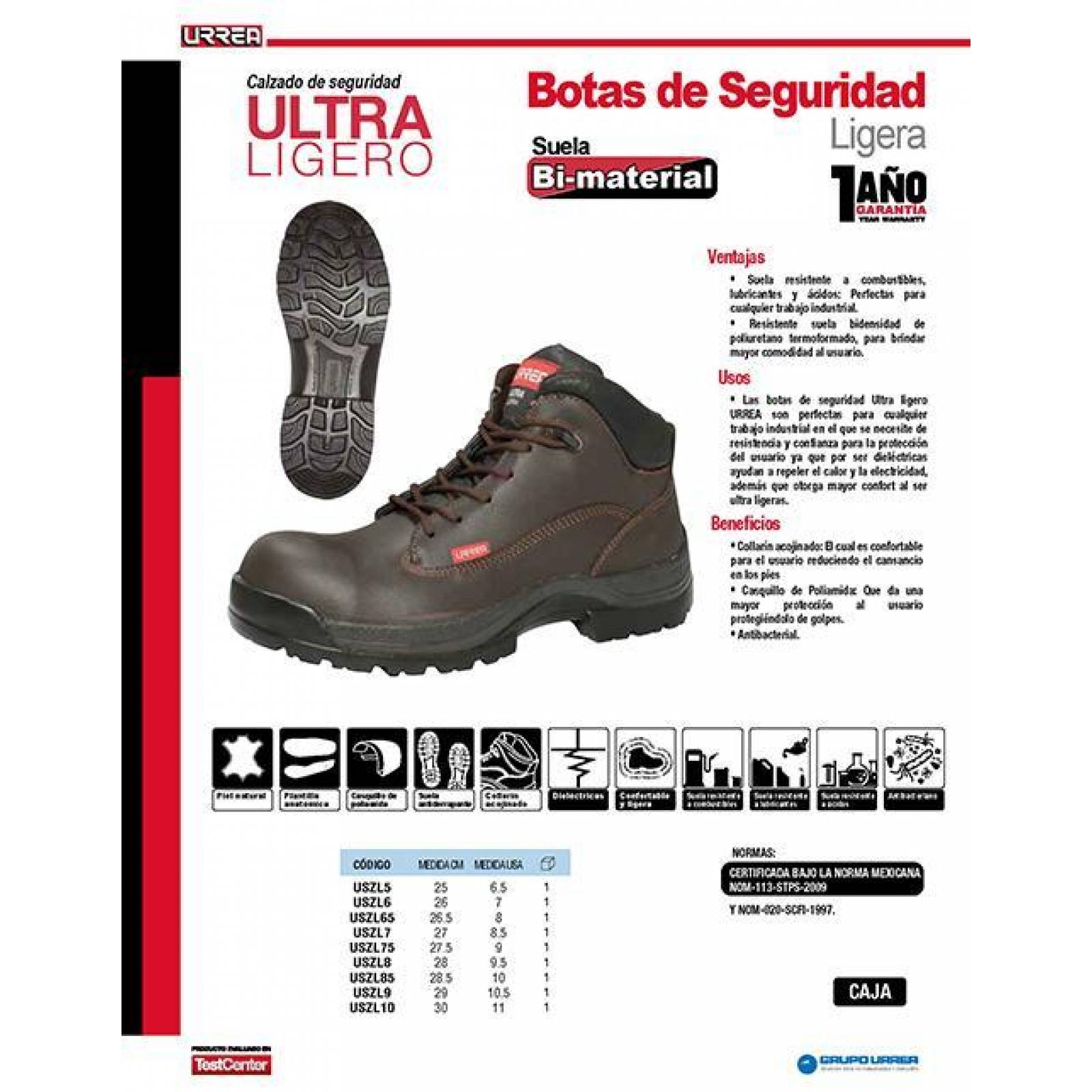 Botas de seguridad ultra ligeras 29 Urrea USZL9 