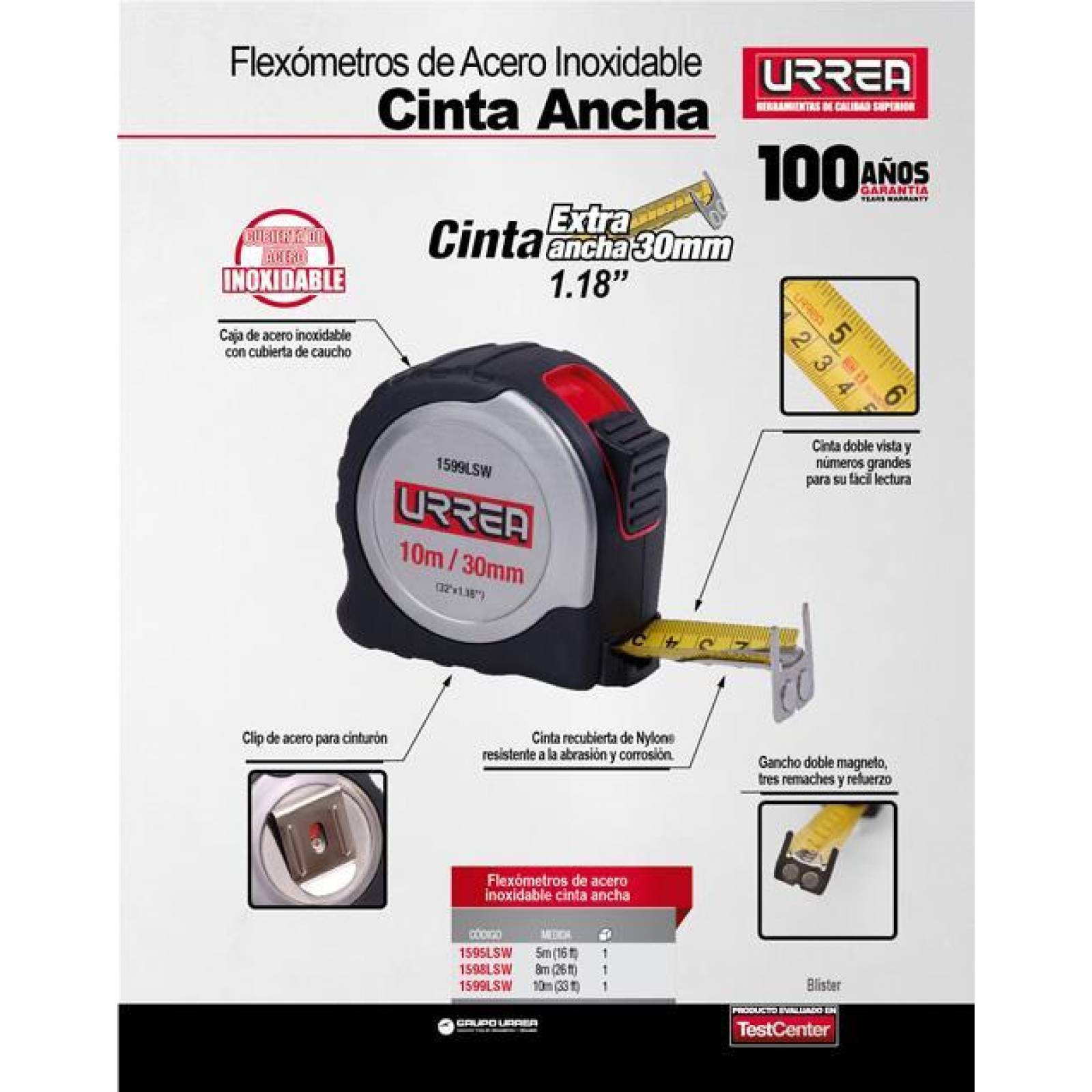 Flexómetro de acero inoxidable 5m x 30 mm Urrea 1595LSW 