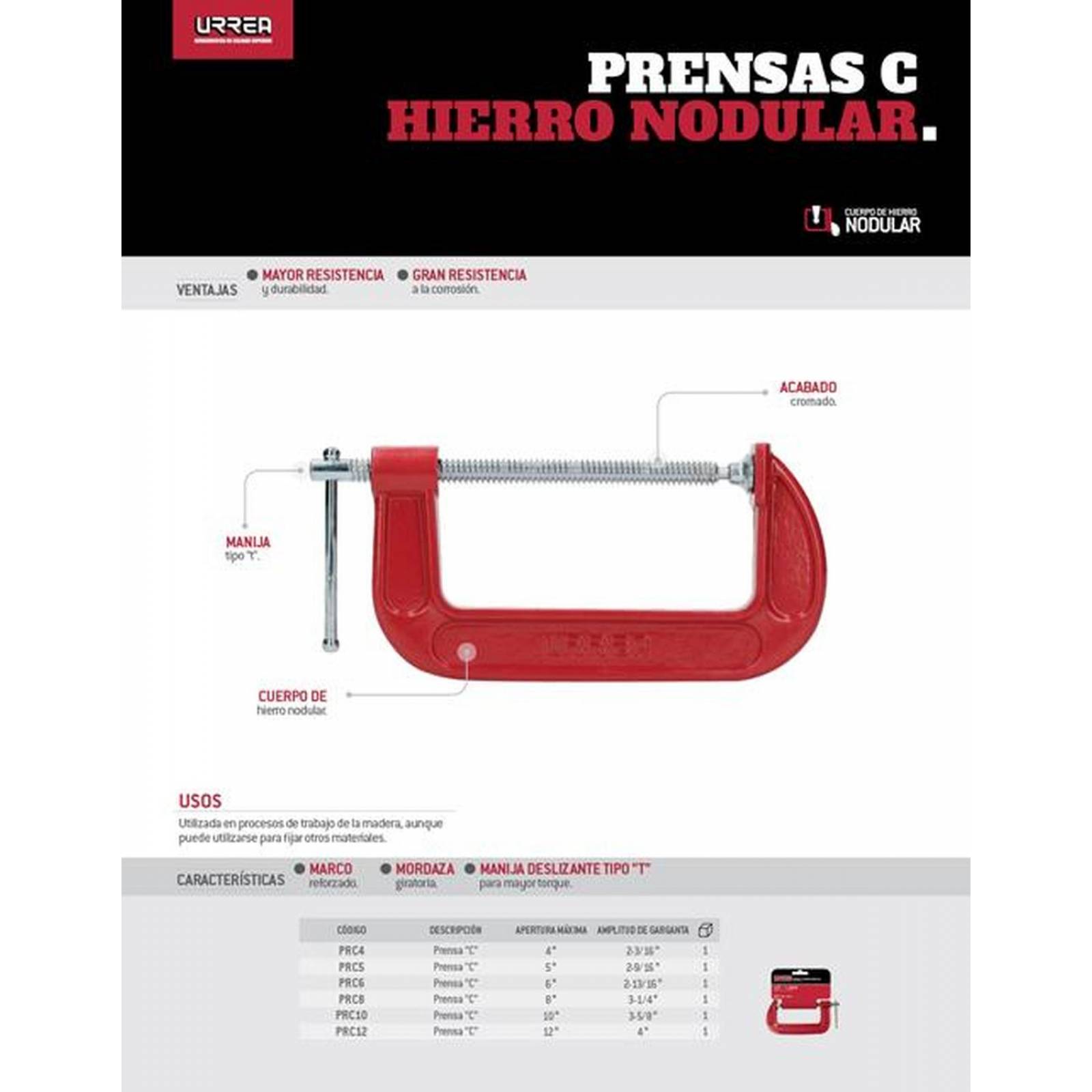 Prensa "C" hierro nodular 12" Urrea PRC12 