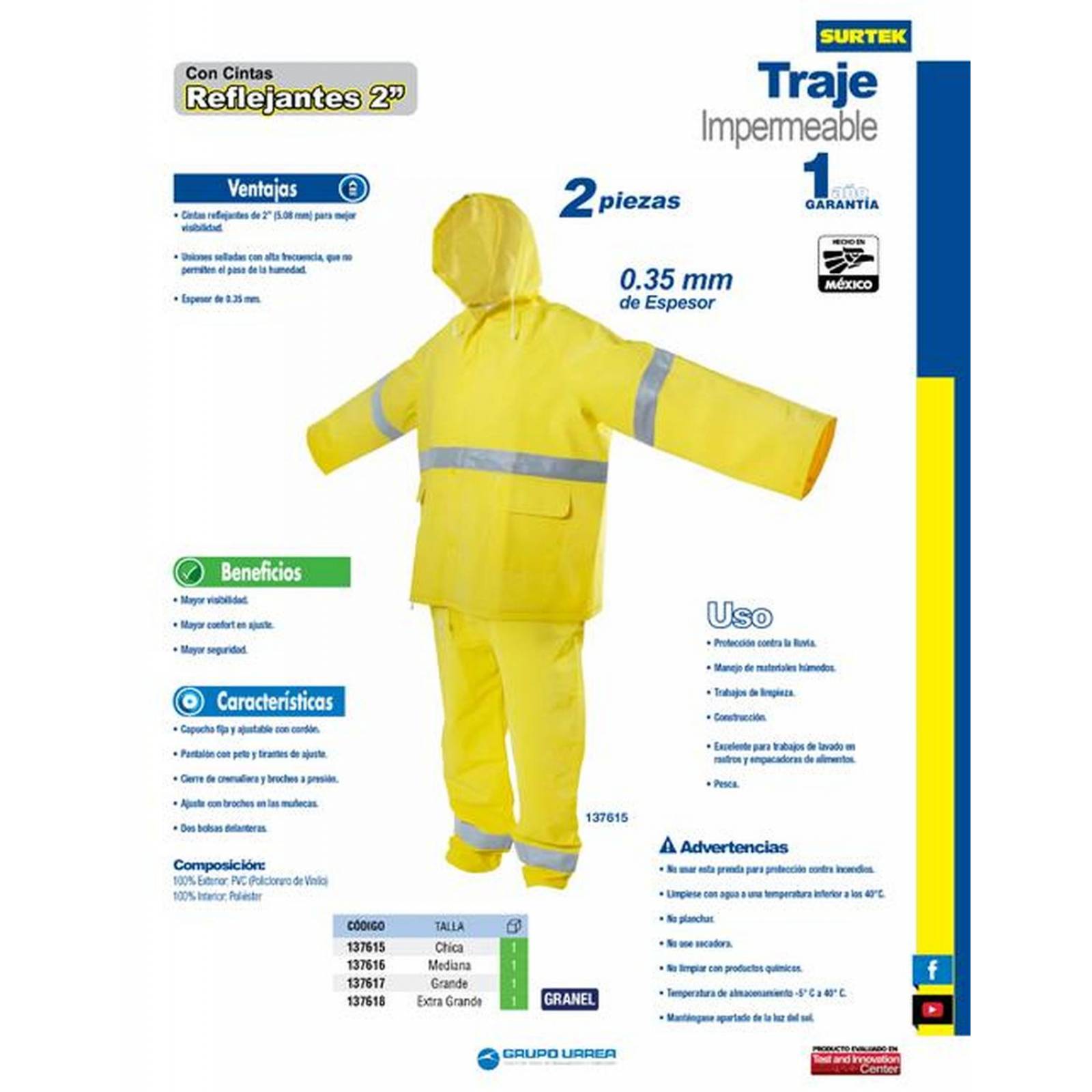 Surtek Juego de traje impermeable con reflejante de dos piezas (gabardina y pantalón) color amarillo