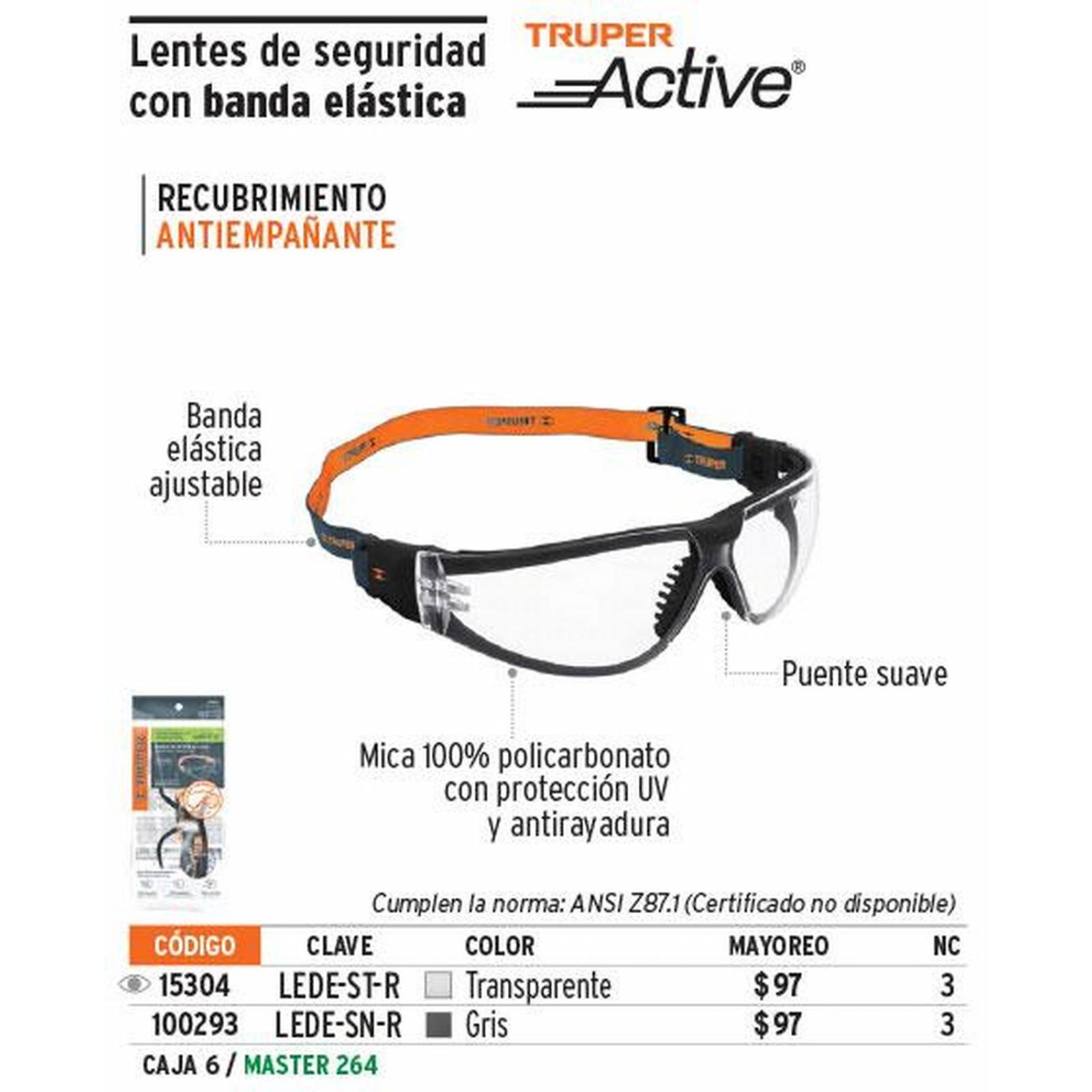 Lentes de seguridad, gris con banda elástica, Active Truper 100293 