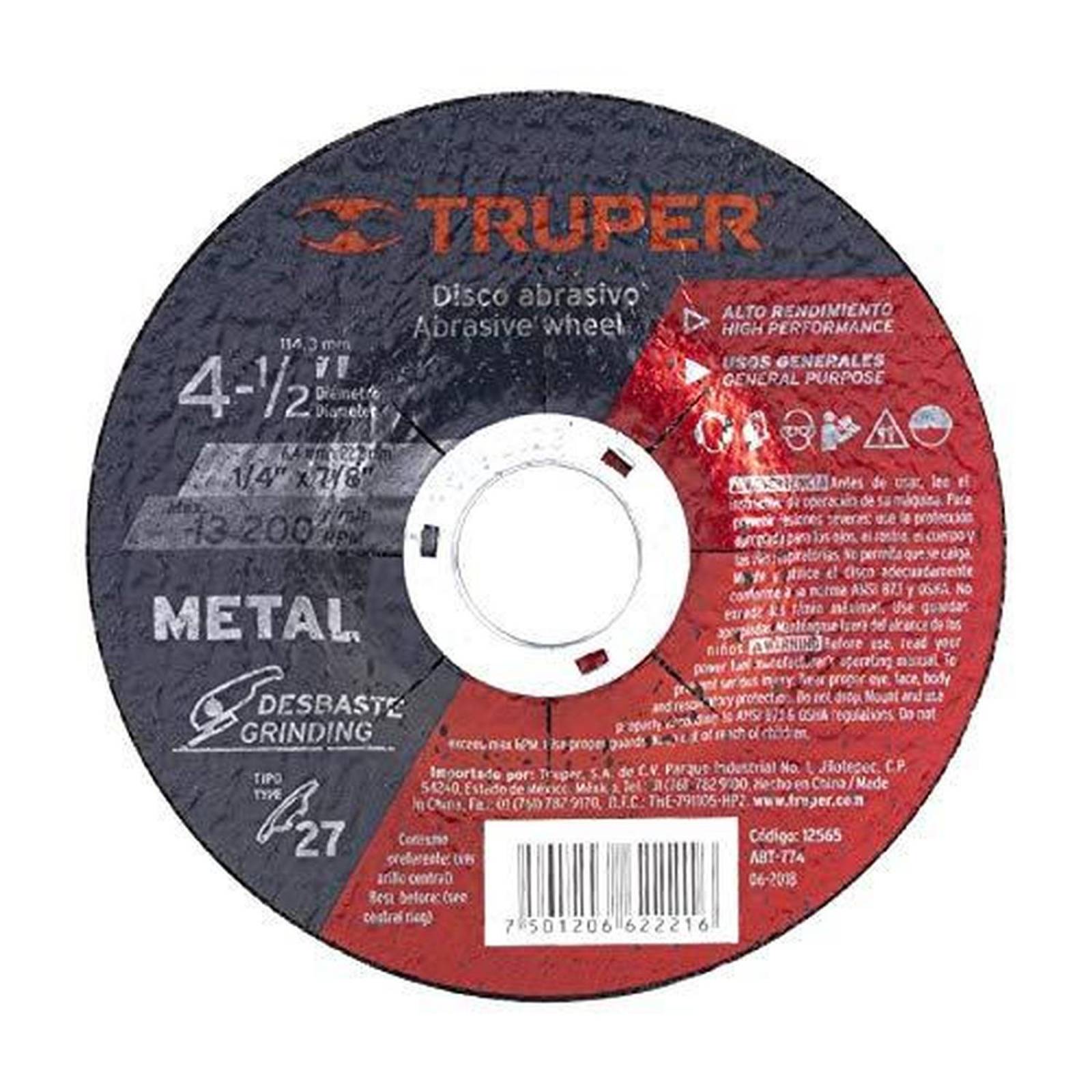 Disco Tipo 27 de 4-1/2' x 6.4 mm para desbaste de metal 12565 