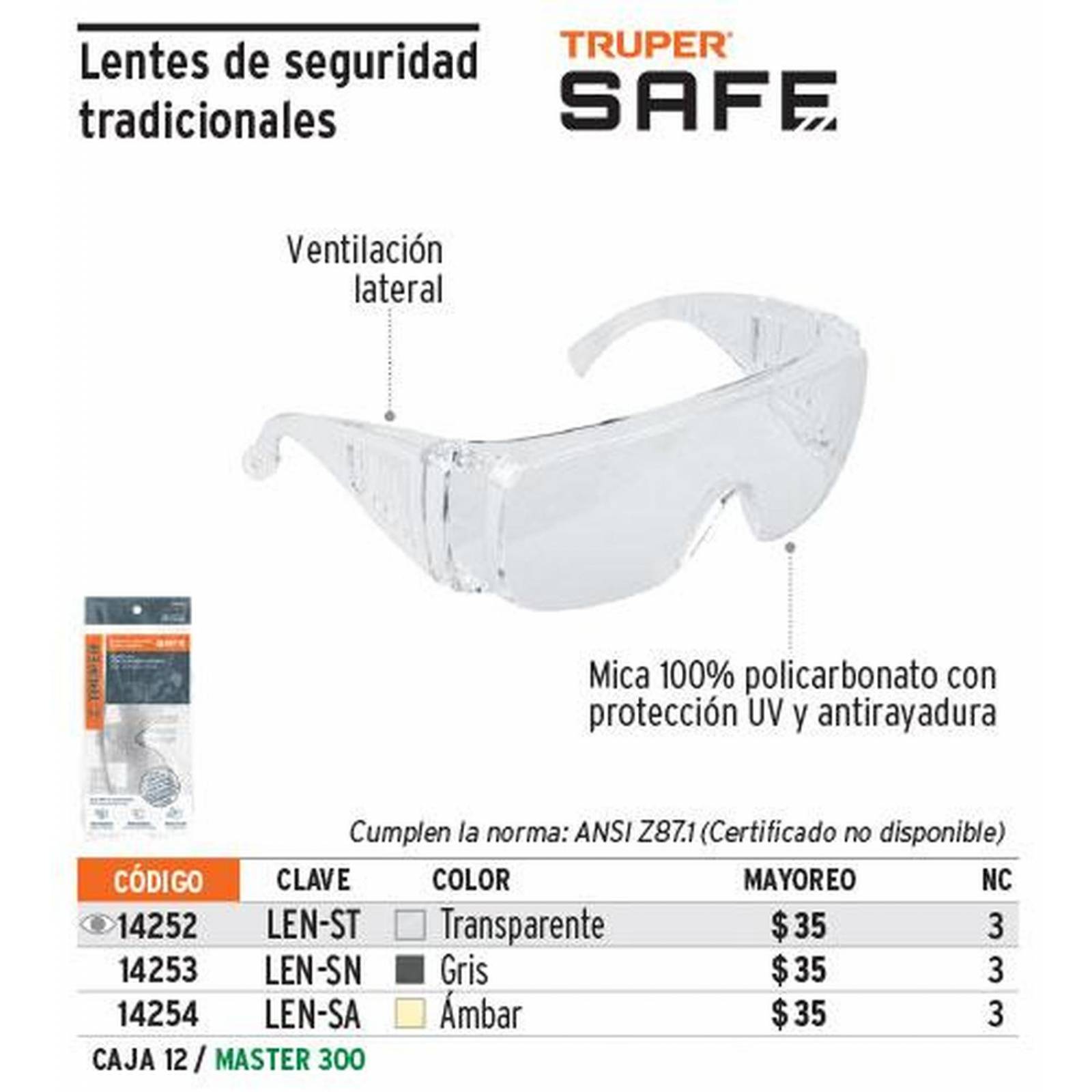 Lentes de seguridad, mica transparente, Safe Truper 14252 