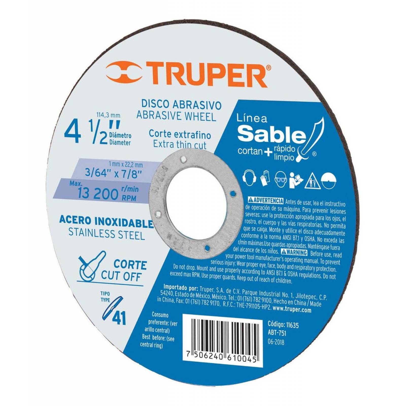 Disco Tipo 41 de 4-1/2' x 1 mm corte fino acero inox, Sable 11635