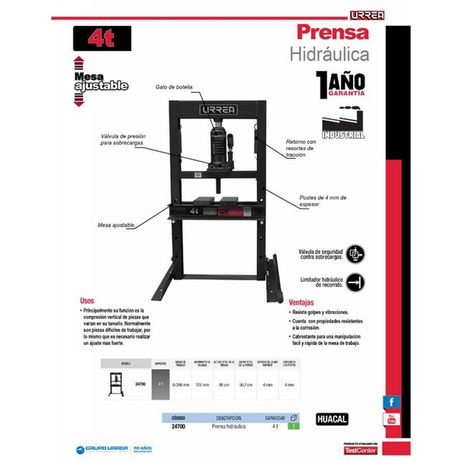 Prensa hidraúlica 4 toneladas Urrea 24700 