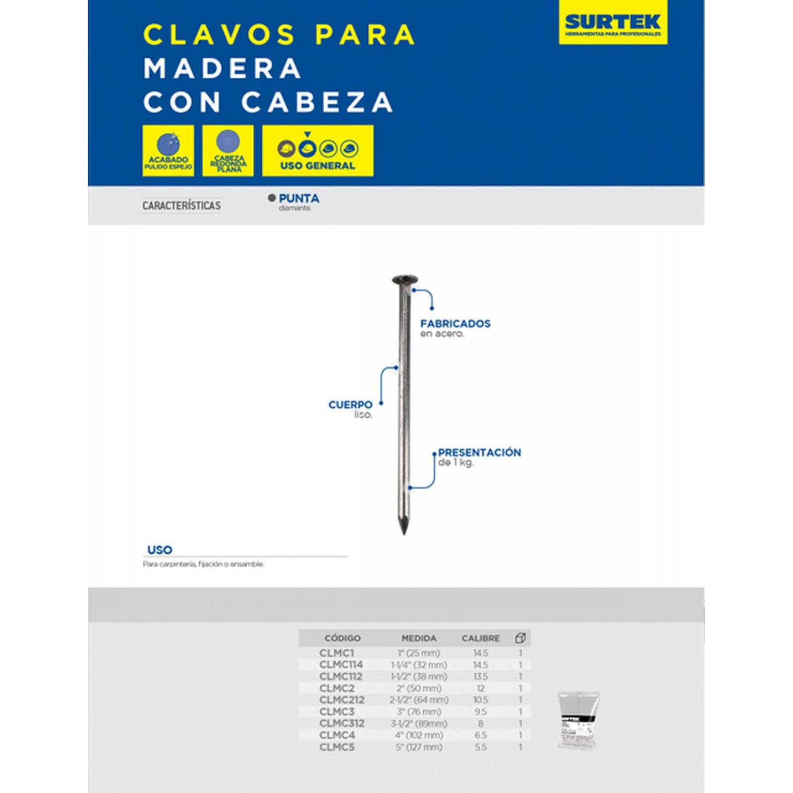 Clavo para madera con cabeza 2-1/2", bolsa de 1kg Surtek CLMC212 