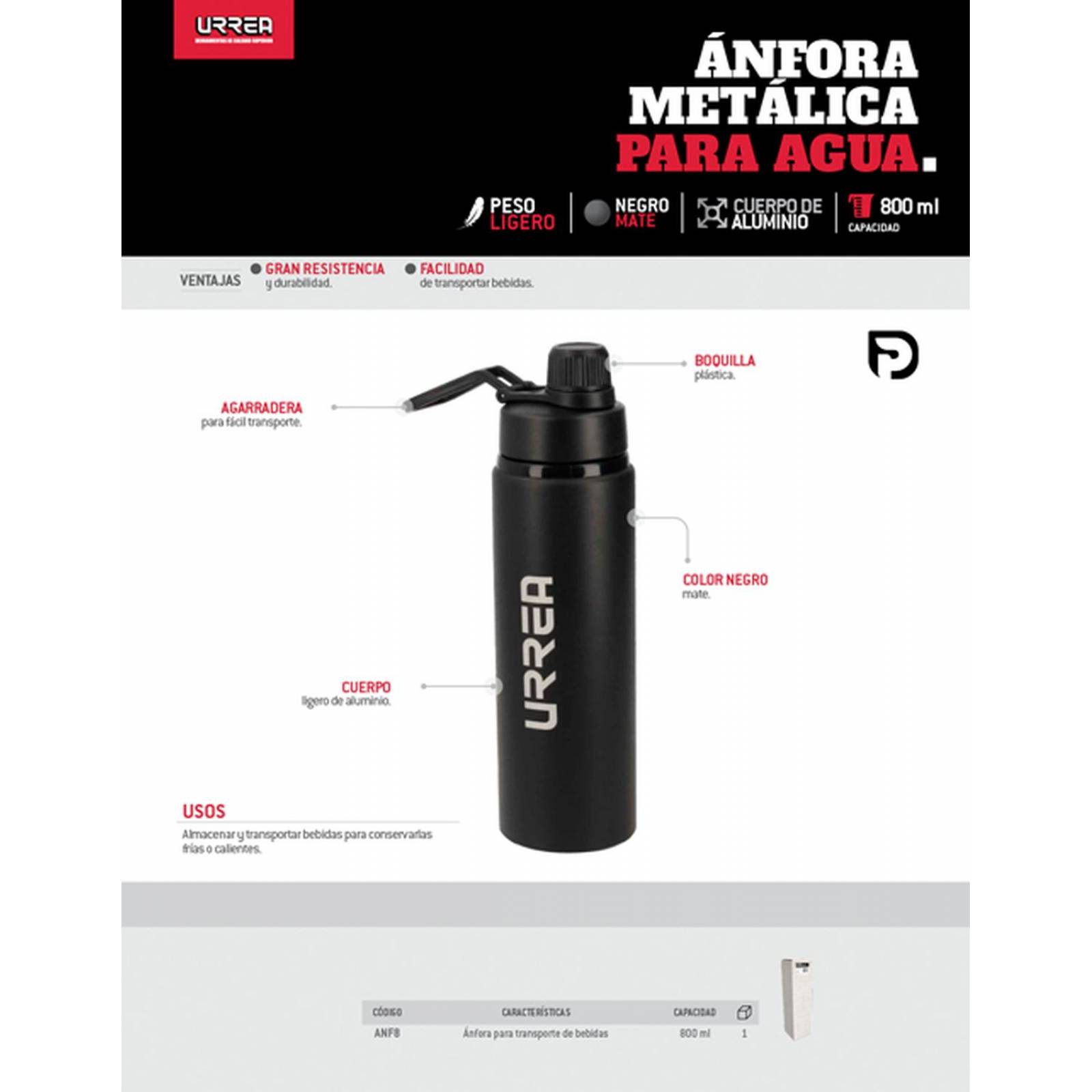 Anfora de Aluminio para agua 800 ml Urrea ANF8 