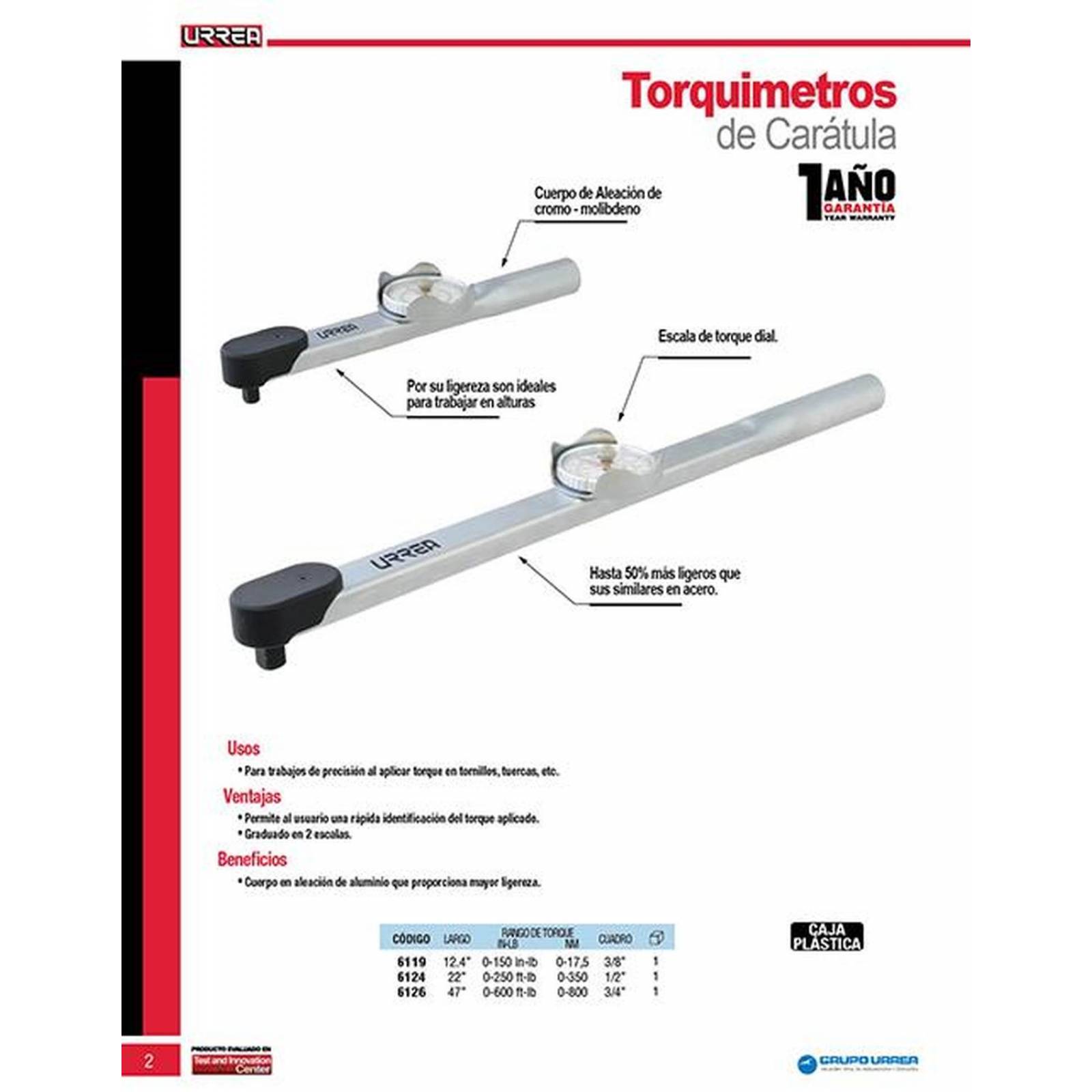 Torquímetro de carátula aluminio 1/2" 50-250 ft-lb Urrea 6124 