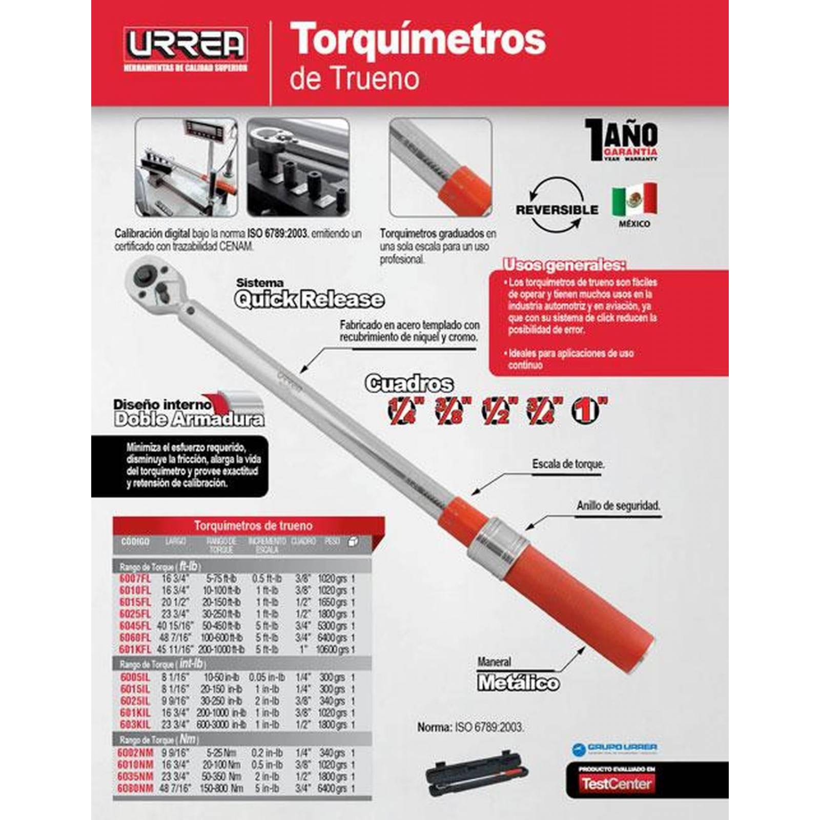 Torquímetro de trueno una escala 3/8" 200-1000in-lb Urrea 601KIL 