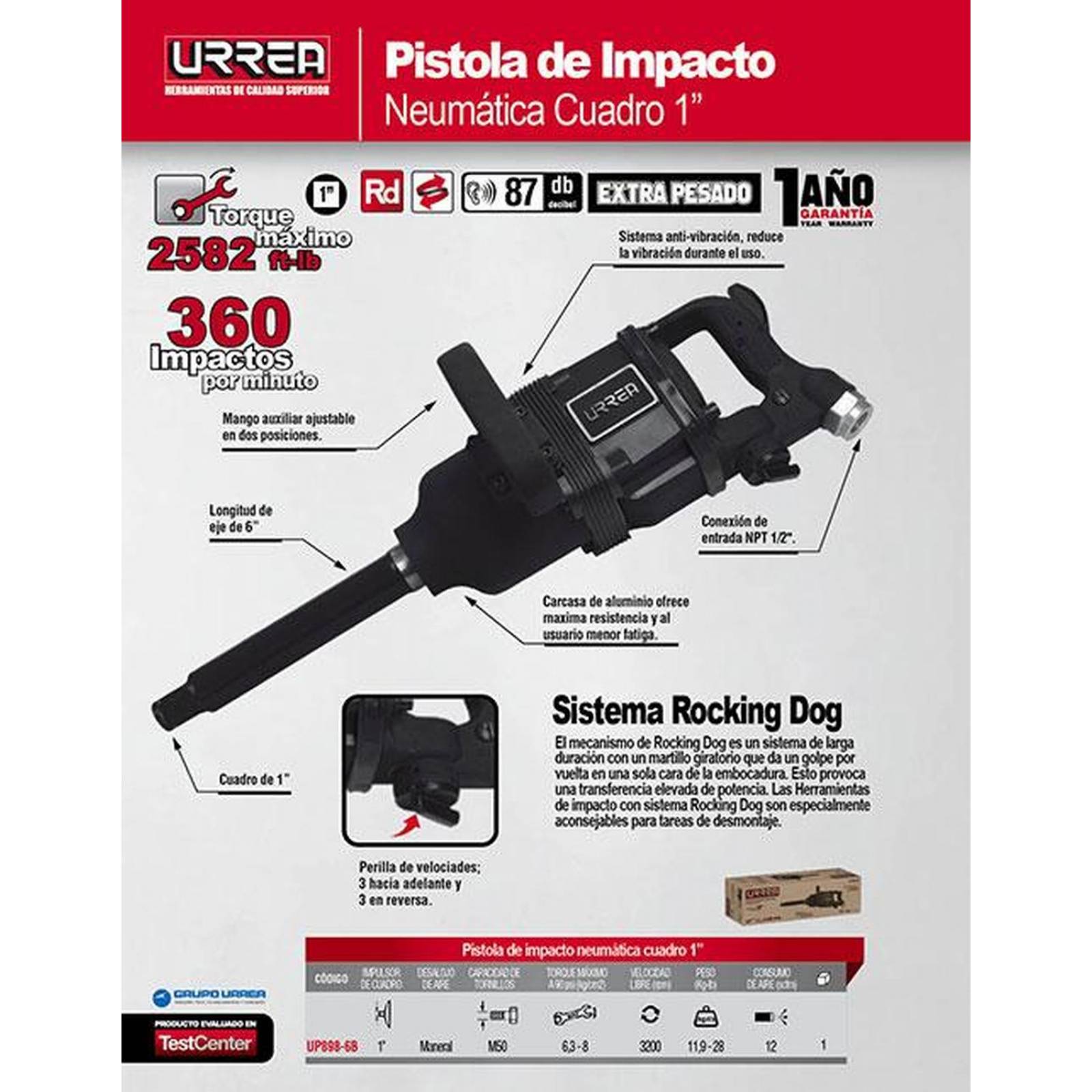 Pistola de impacto neumática 1" 2582ft-lb rocking dog Urrea UP898-6B