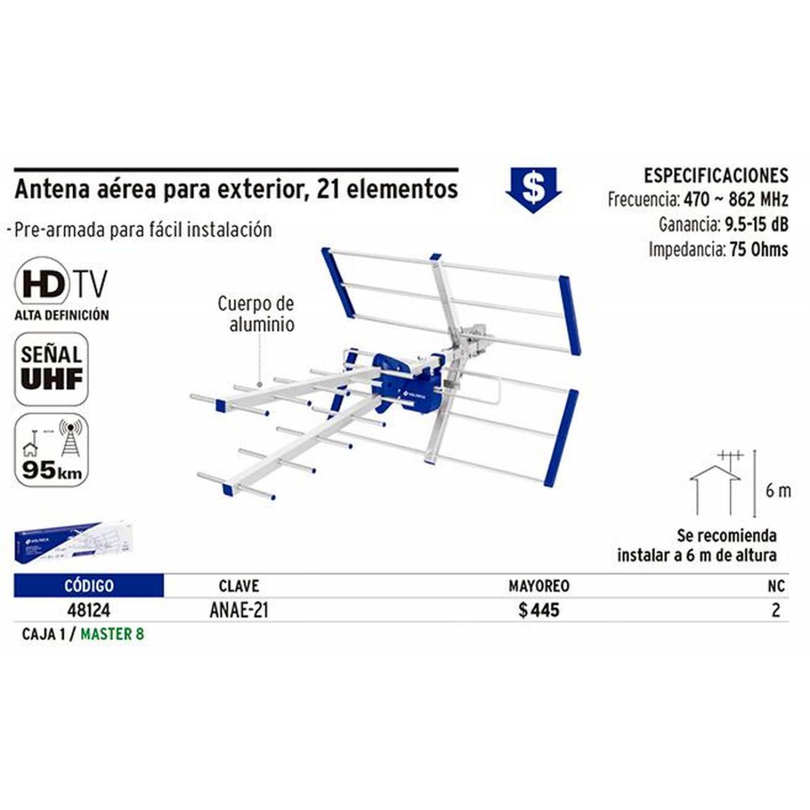 Antena aérea para exterior, 21 elementos Volteck 48124 