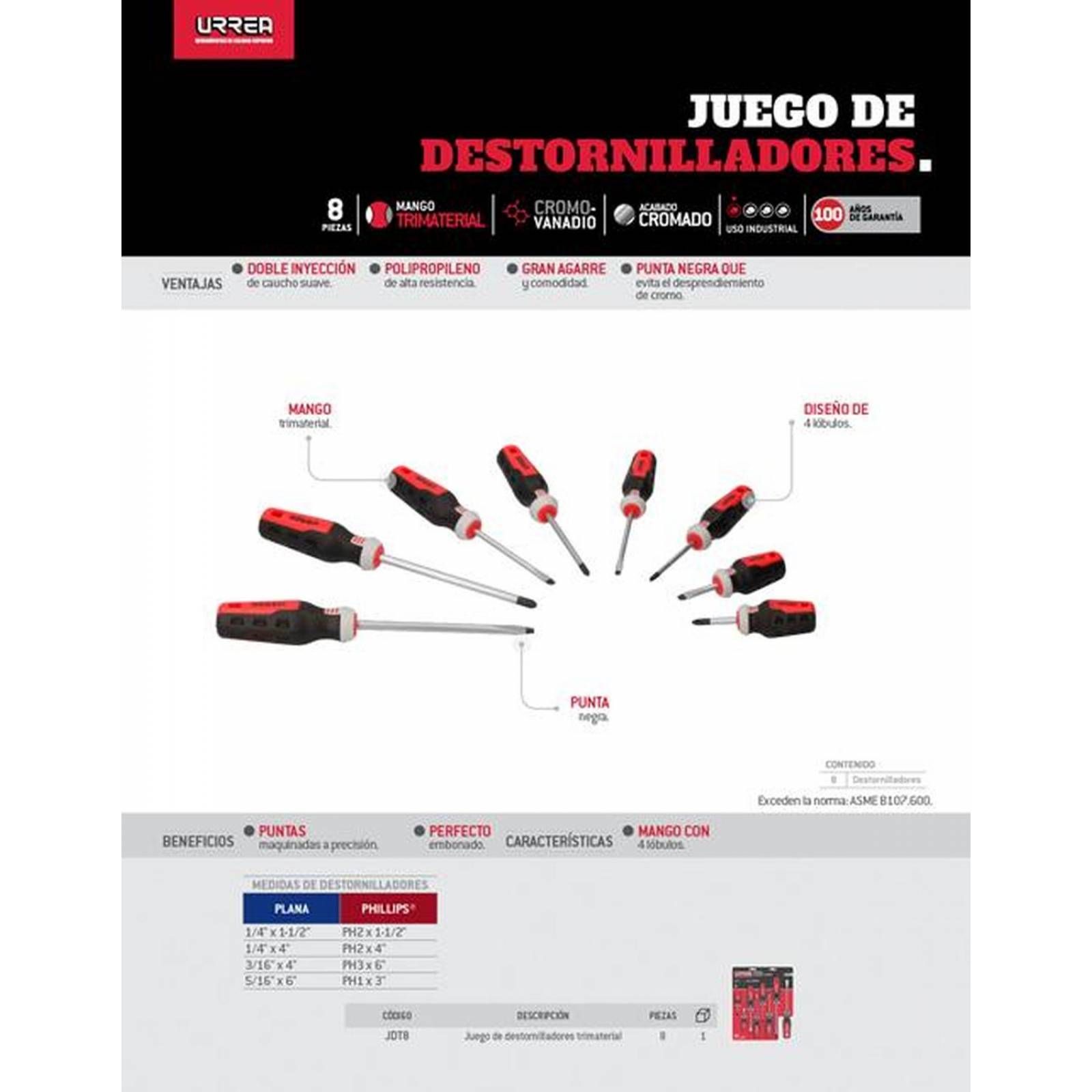 Juego de destornilladores trimaterial 8pz URREA JDT8 