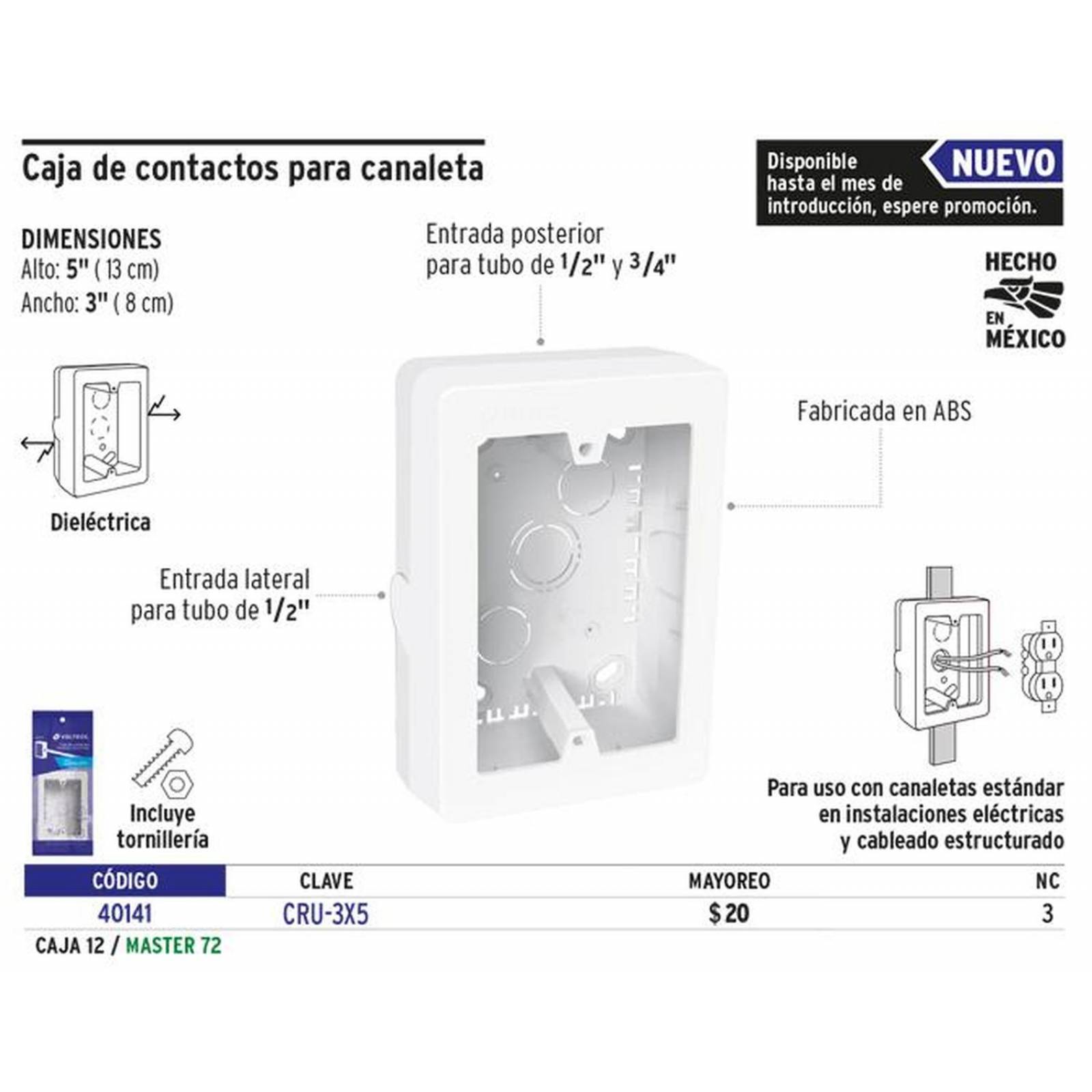 Caja de contactos para canaleta 3' x 5', blanca, Volteck 40141 