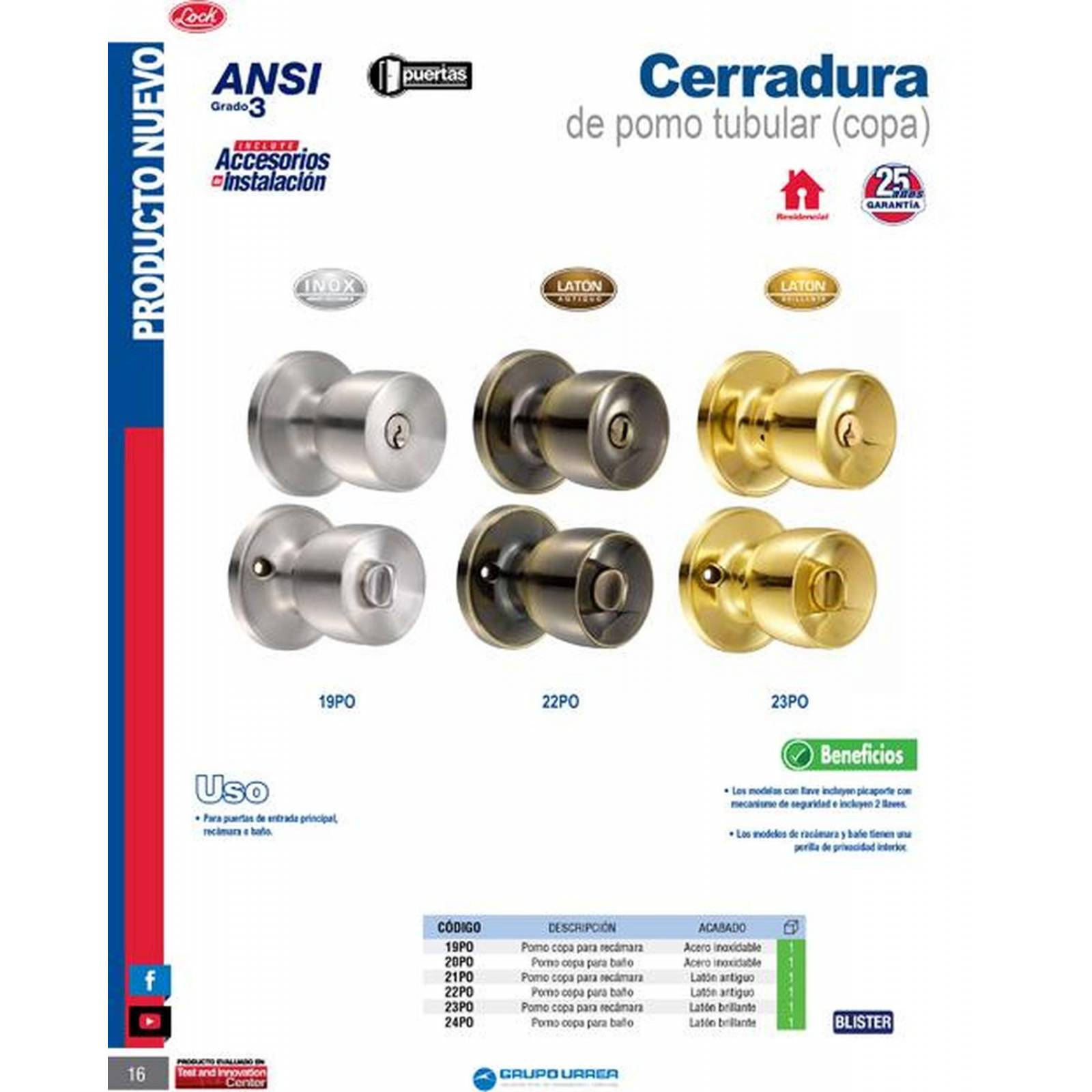 Cerradura pomo (copa) para recámara, acero inoxidable Lock 19PO 