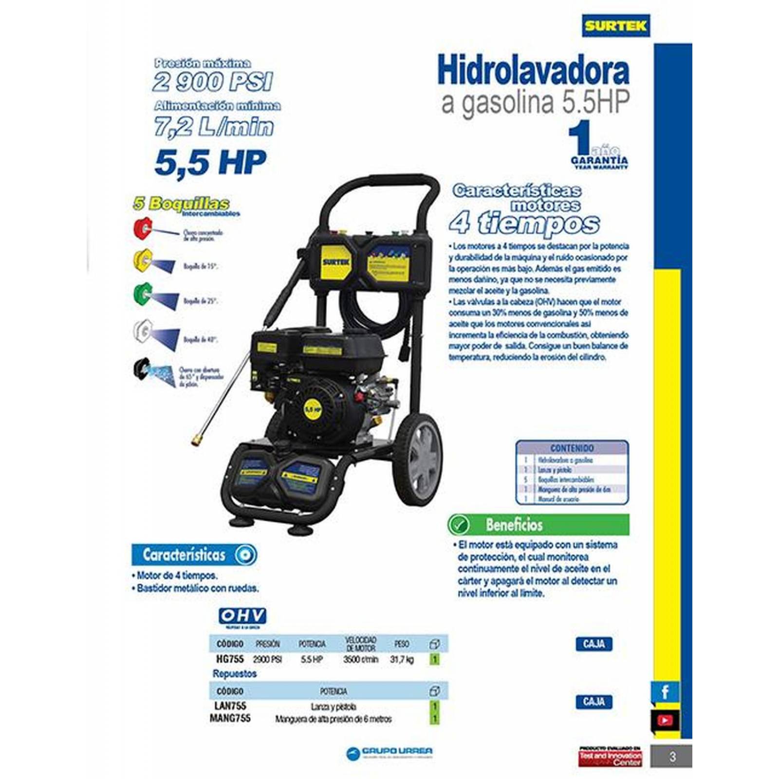Hidrolavadora gasolina 5.5HP Surtek HG755 