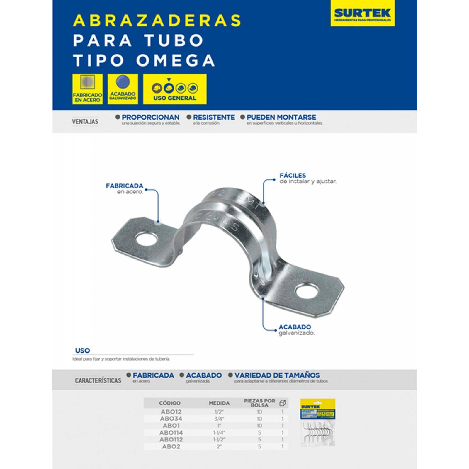Abrazadera para tubo tipo omega 1", 10 piezas, Surtek ABO1