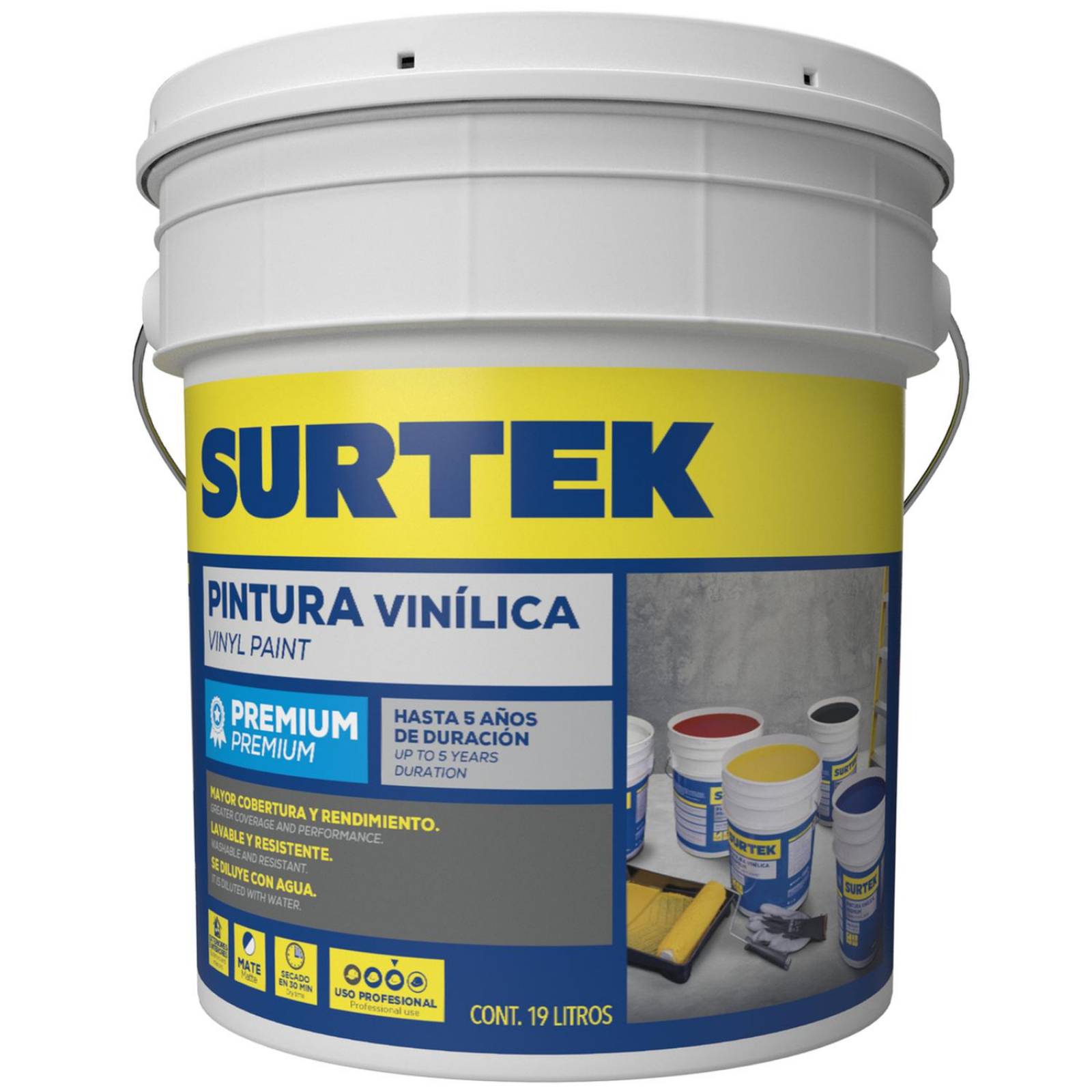Cubeta de pintura vinílica premium 19 Lt color azul intenso, Surtek PVPAI 