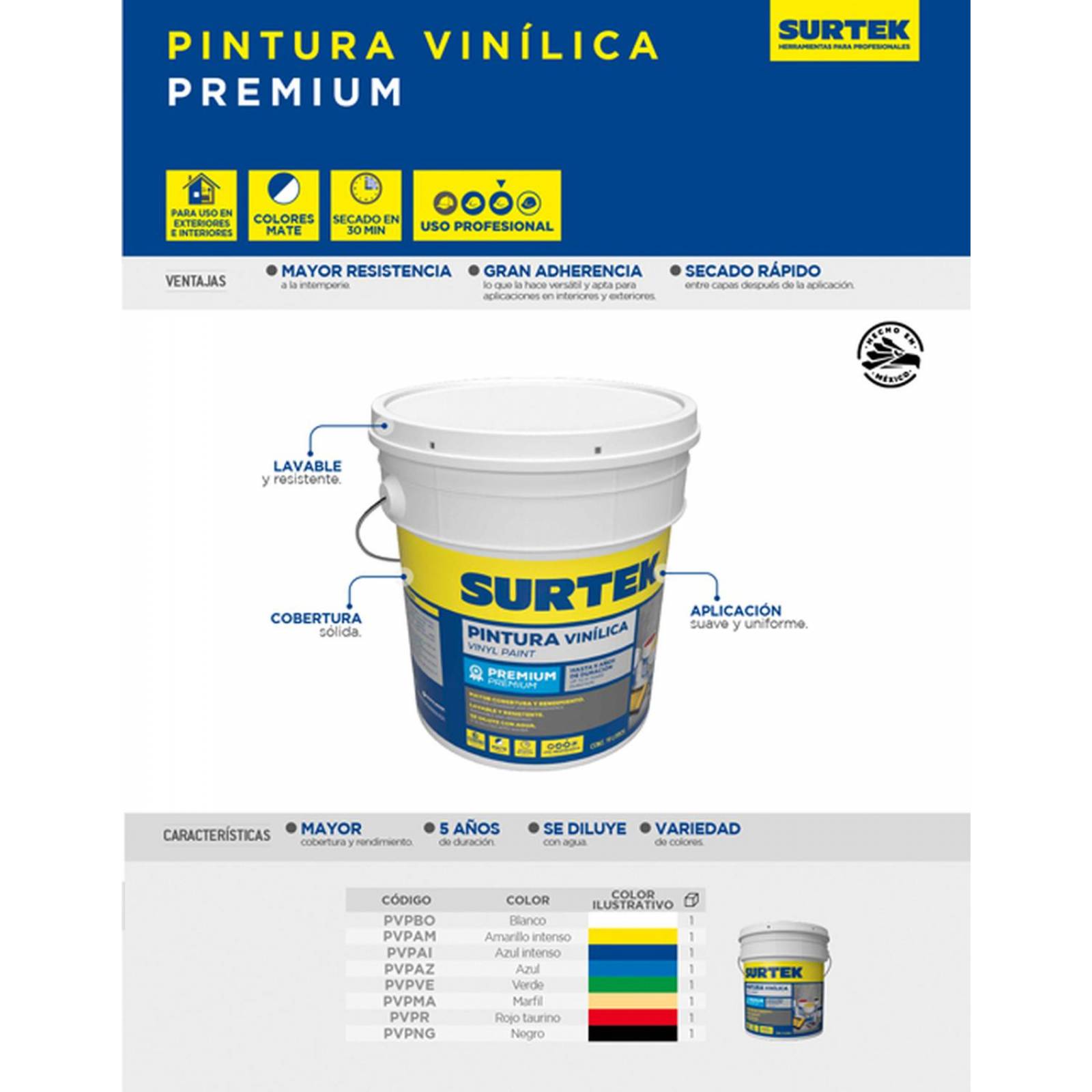 Cubeta de pintura vinílica premium 19 Lt color azul intenso, Surtek PVPAI 