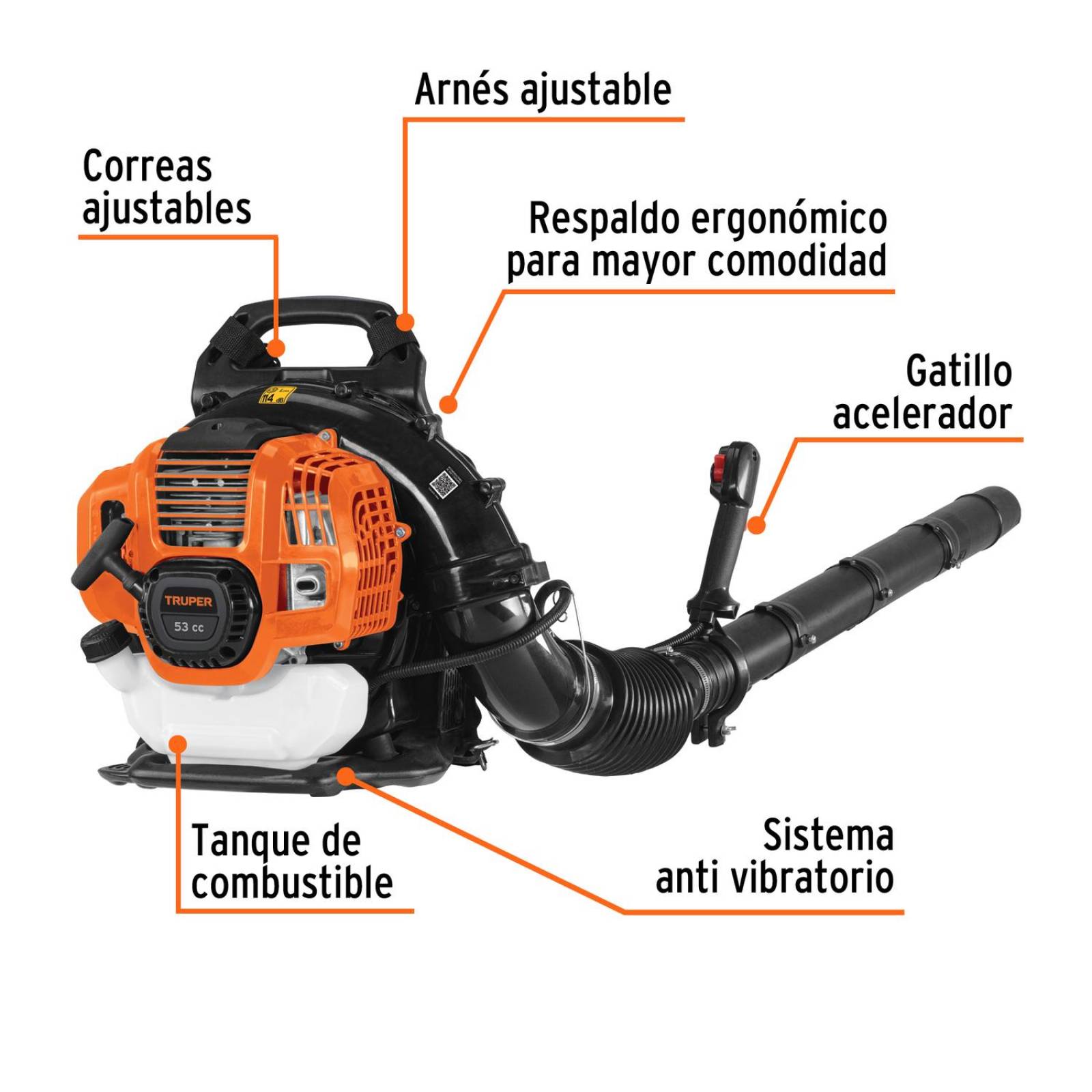 Sopladora con motor de 53cc a gasolina, tipo mochila, Truper 102970