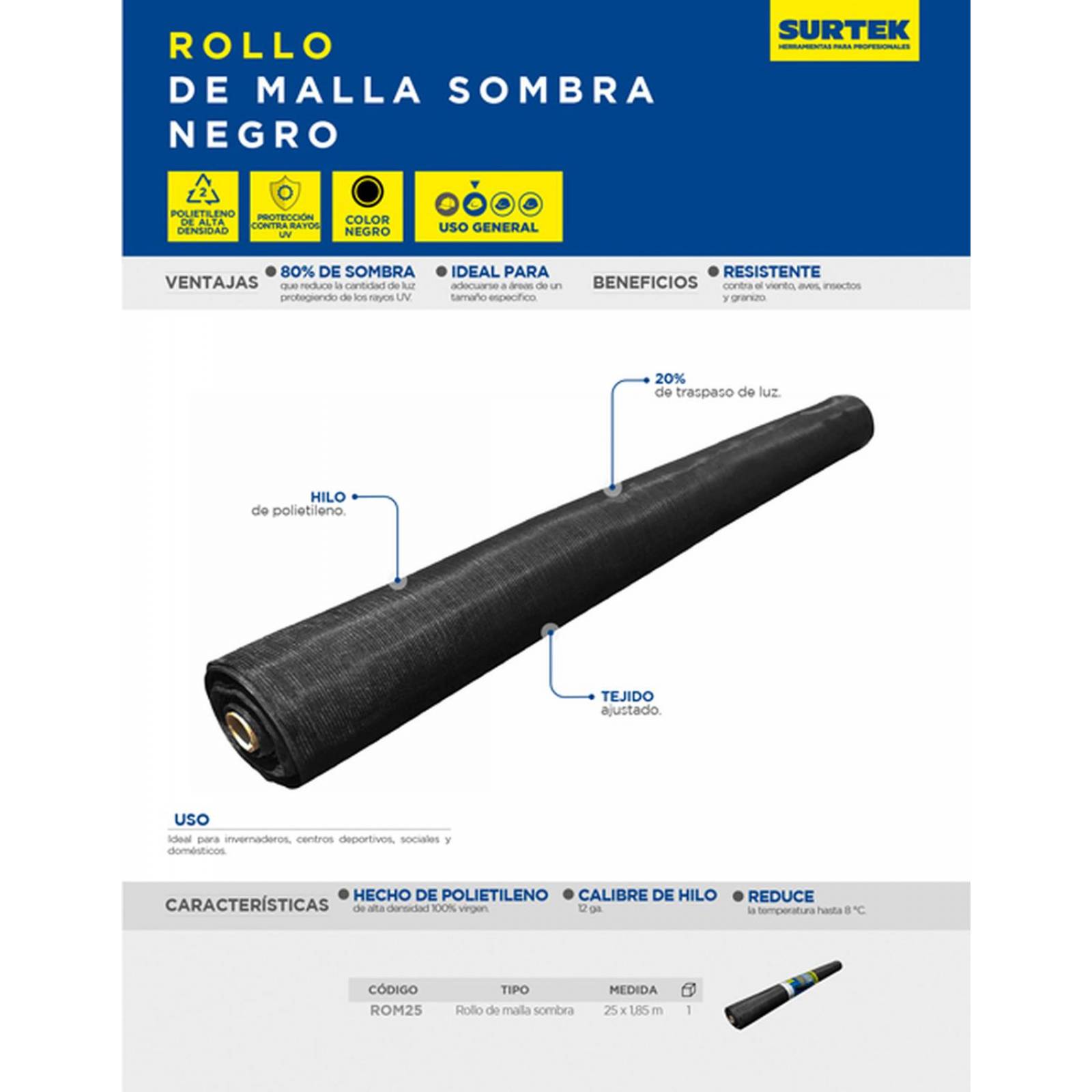 Rollo de malla sombra color negro 25 m x 1.85 m, Surtek ROM25 