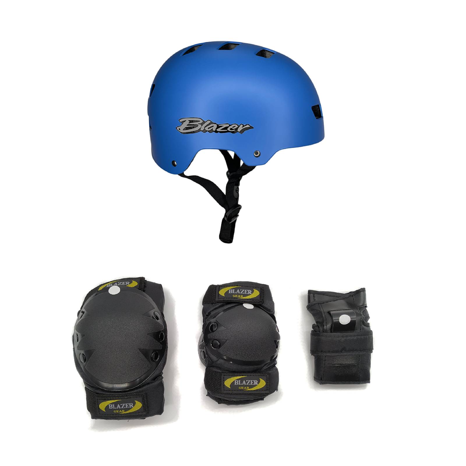 Kit de Protecciones Casco Azul Electrico y Coderas Rodilleras Muñequeras Negro