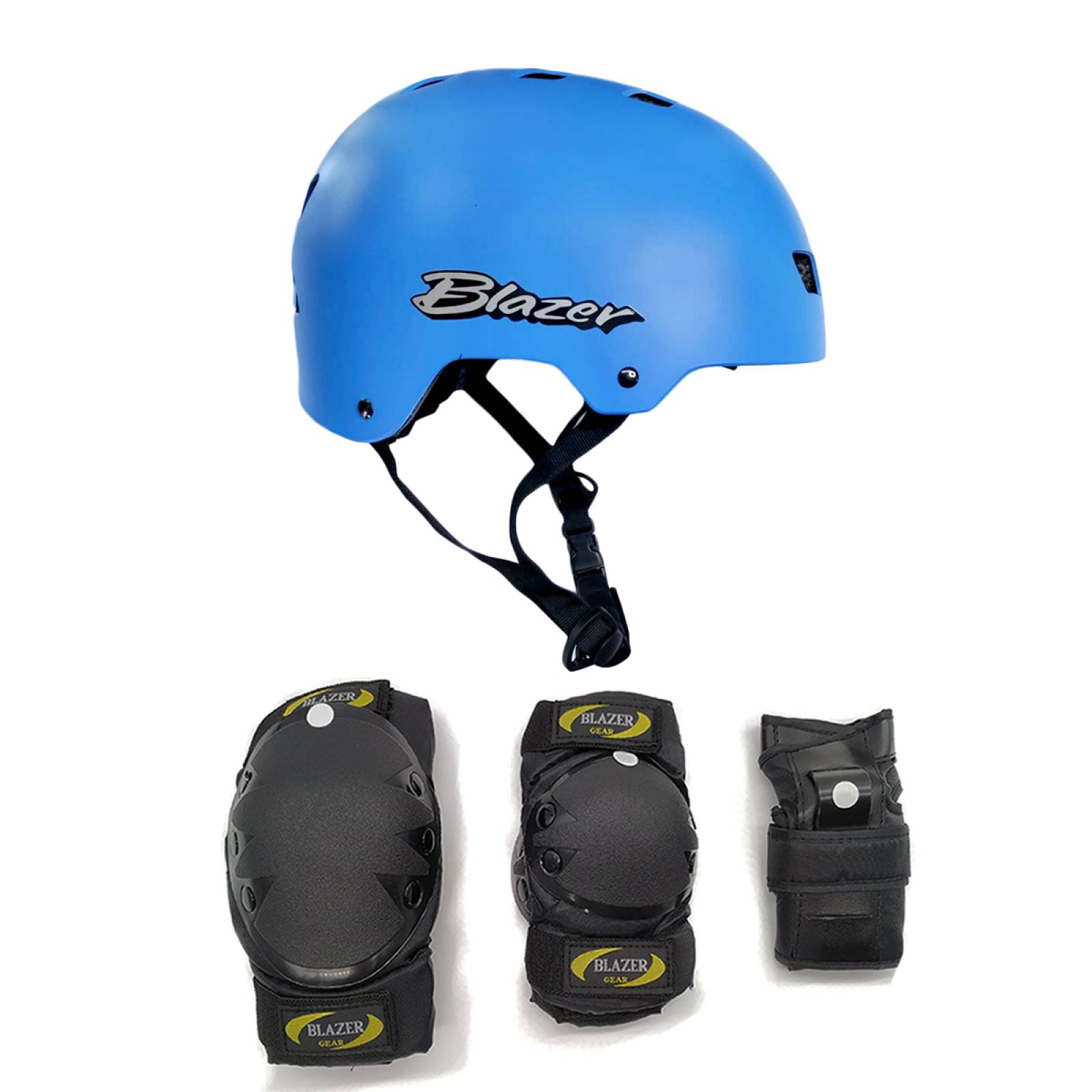 Kit de Protecciones Casco Azul Cielo y Coderas Rodilleras Muñequeras Negro