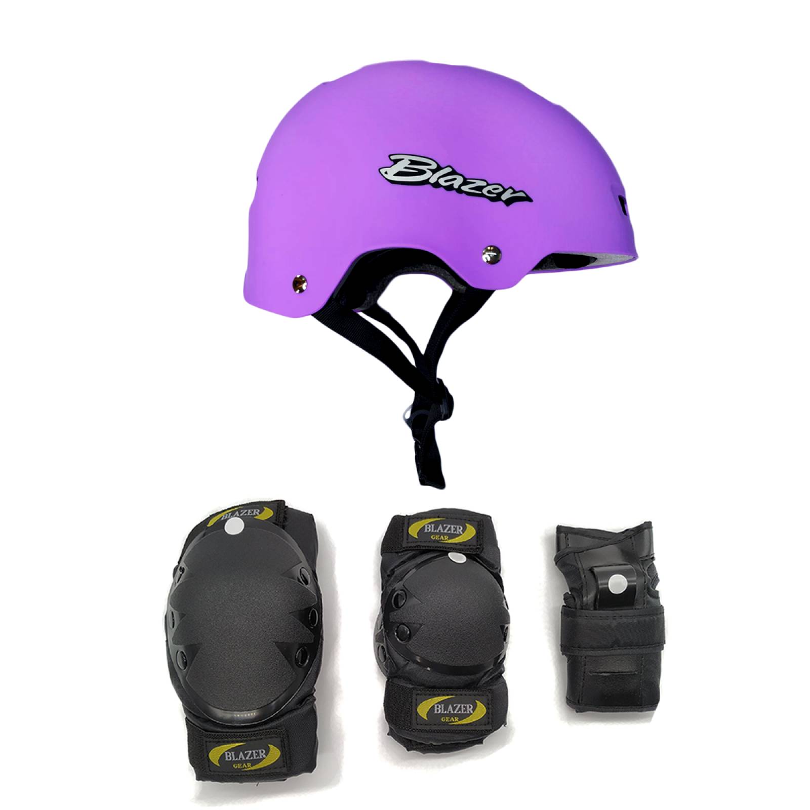 Kit de Protecciones Casco Morado Mate y Coderas Rodilleras Muñequeras Negro
